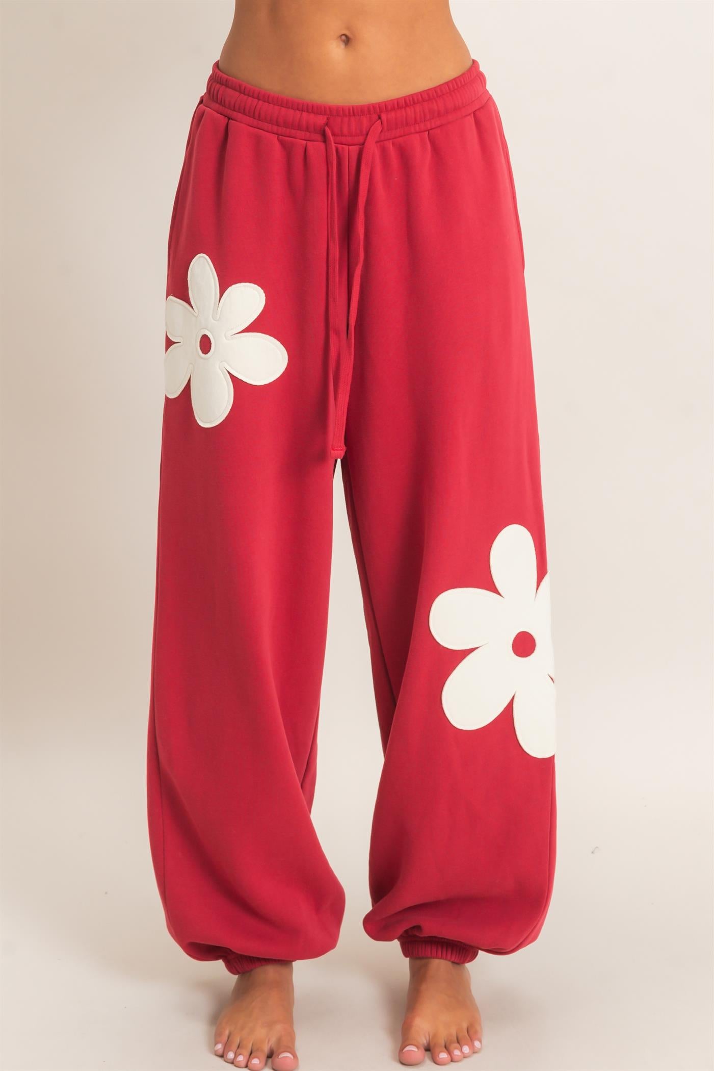 Wholesale Floral Applique Drawstring Jogger Pants Joggers DZ26F308 DARK RED DOUBLE ZERO
