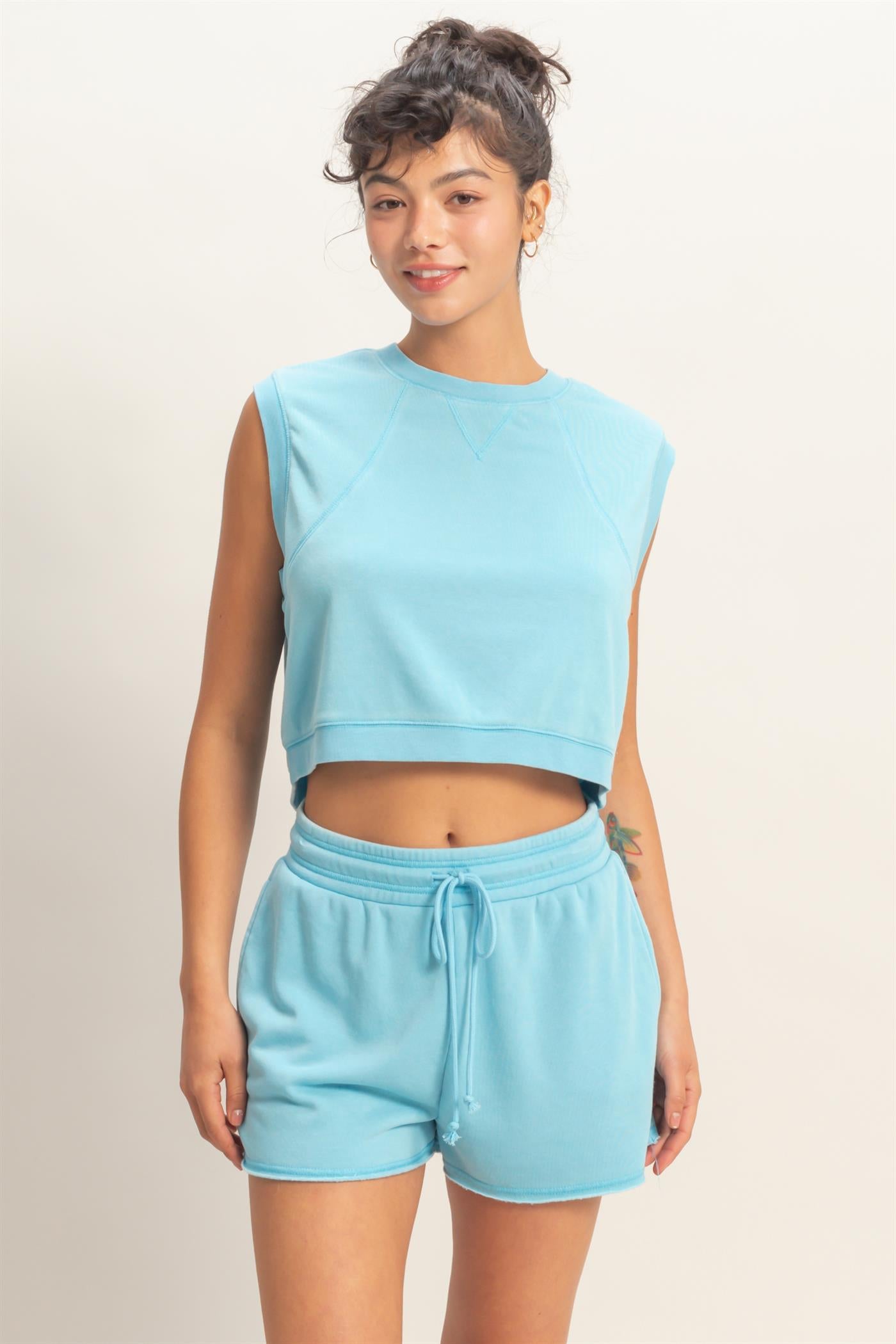 Wholesale Burnout French Terry Sleeveless Top & Shorts Set Clothing Tops DZ26A171-SET BLUE DOUBLE ZERO