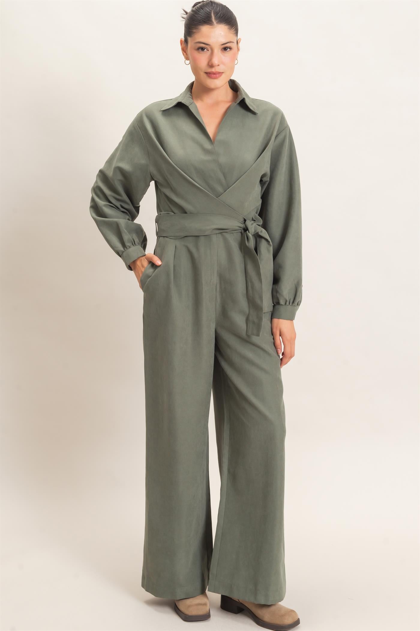 Wholesale Collared Wrap Suede Jumpsuit Clothing HF26C905 FOREST GREEN HYFVE
