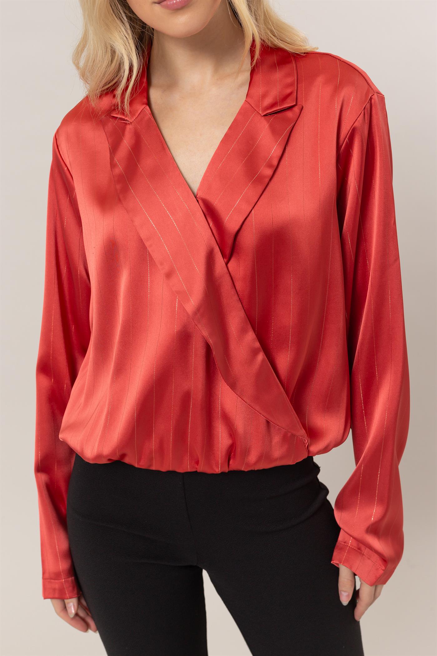Wholesale Sophisticated Lurex Striped Wrap Blouse Clothing Tops HF25C383 RED HYFVE