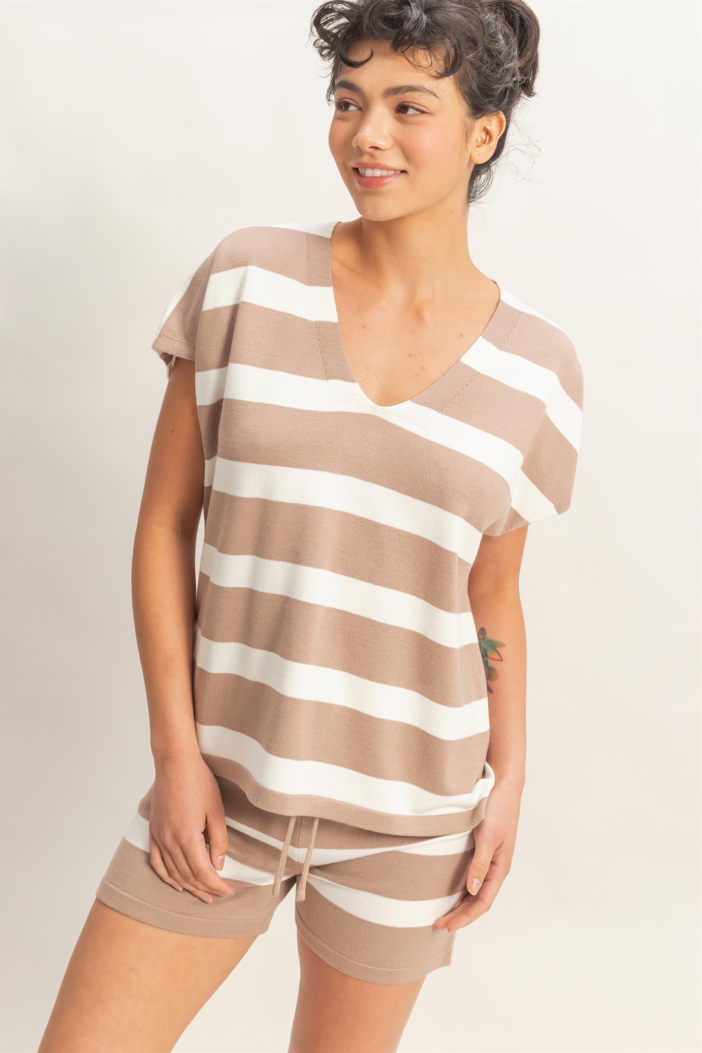 Wholesale V-Neck Top & Striped Shorts Set Clothing HF26A323-SET BEIGE HYFVE
