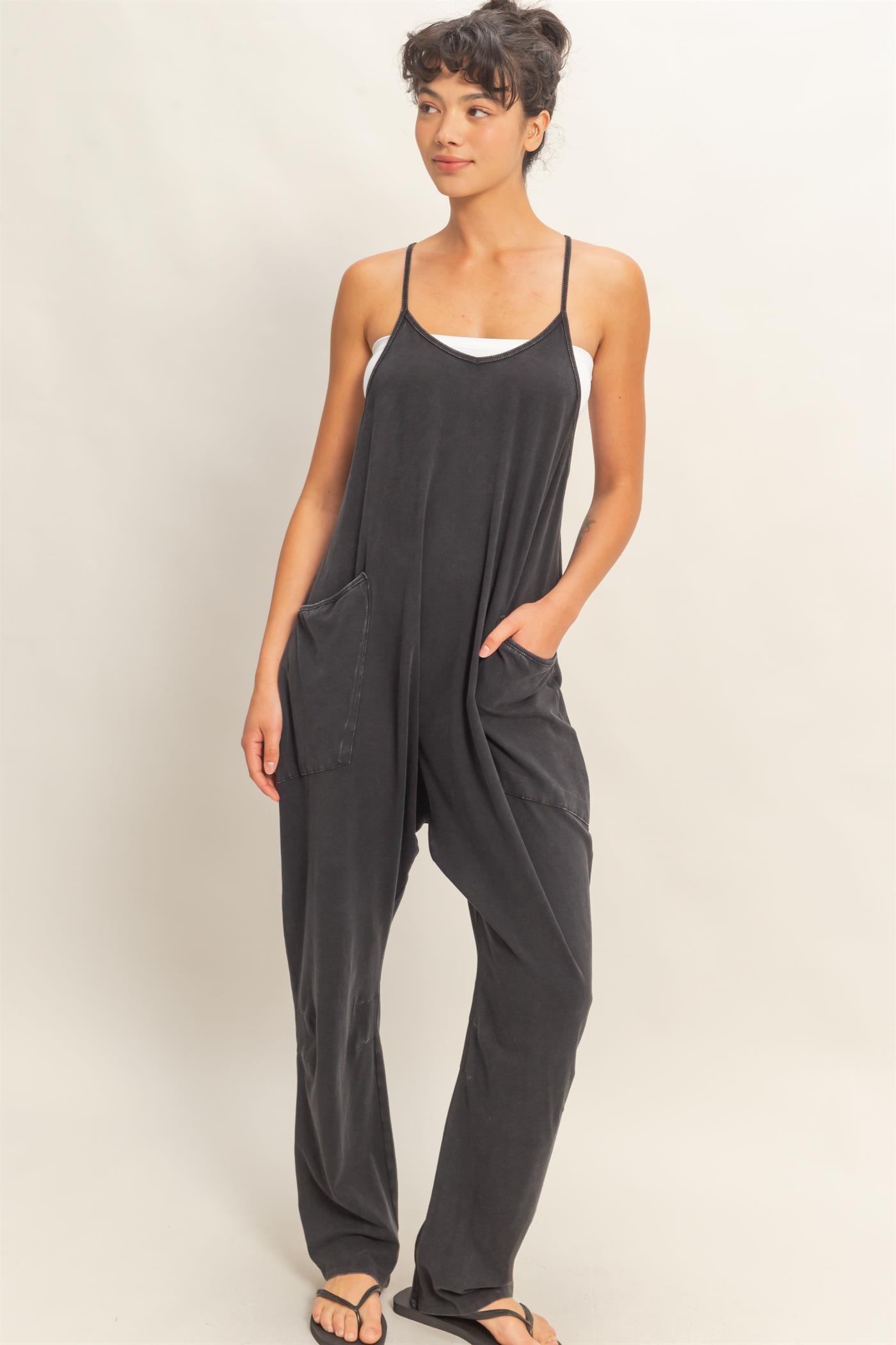 Wholesale Mineral Wash Spaghetti Strap Jumpsuit Clothing DZ26C375 BLACK DOUBLE ZERO