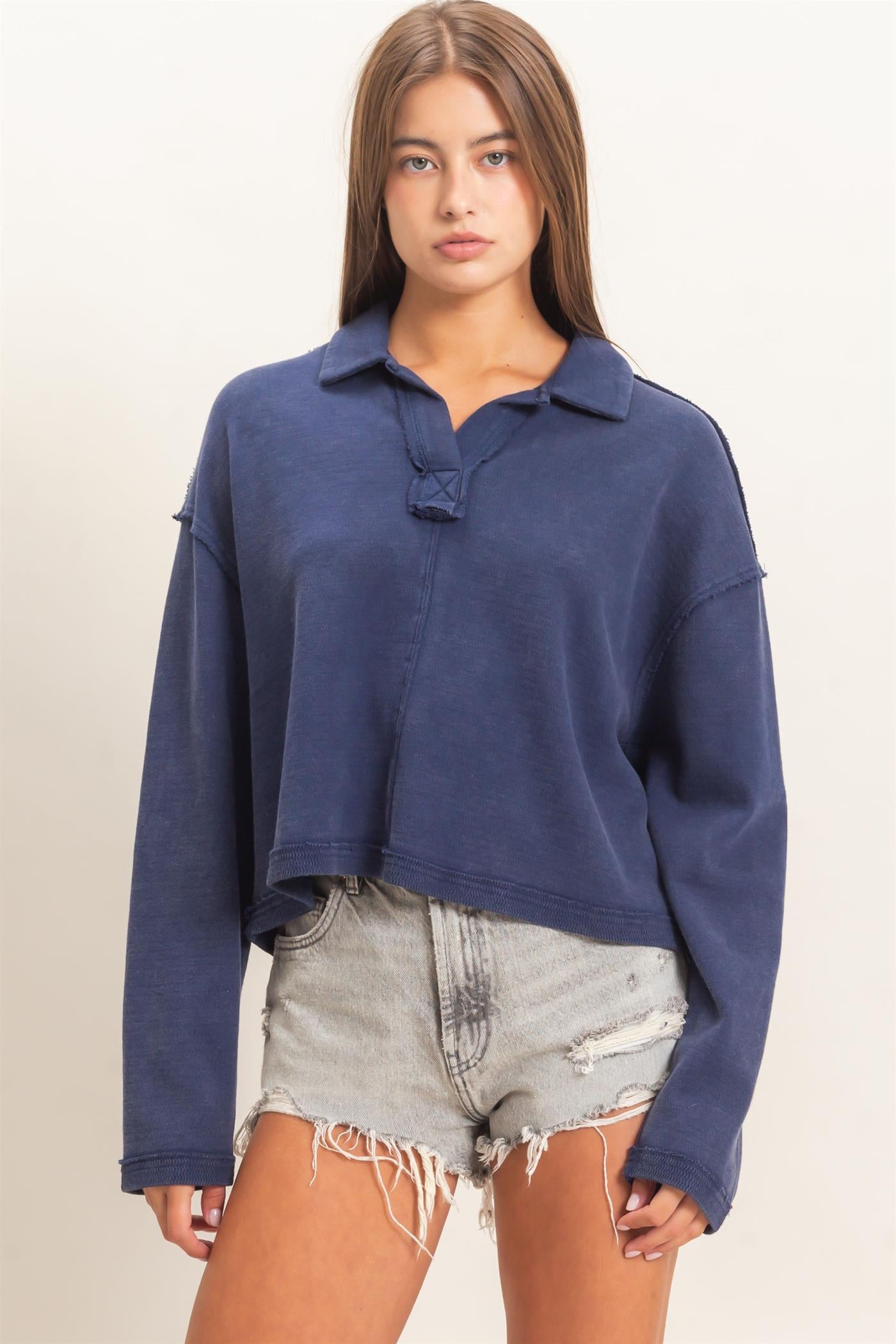 Wholesale Mineral Wash Textured Collar Top Polos DZ26E814 NAVY DOUBLE ZERO