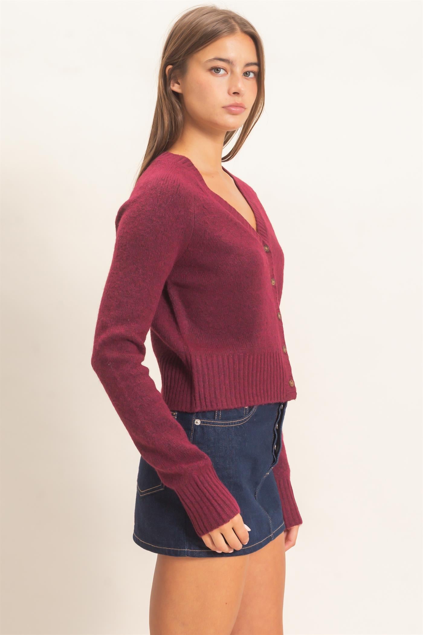 Wholesale V-Neck Cardigan Cardigans DZ26E326 DARK CHERRY DOUBLE ZERO
