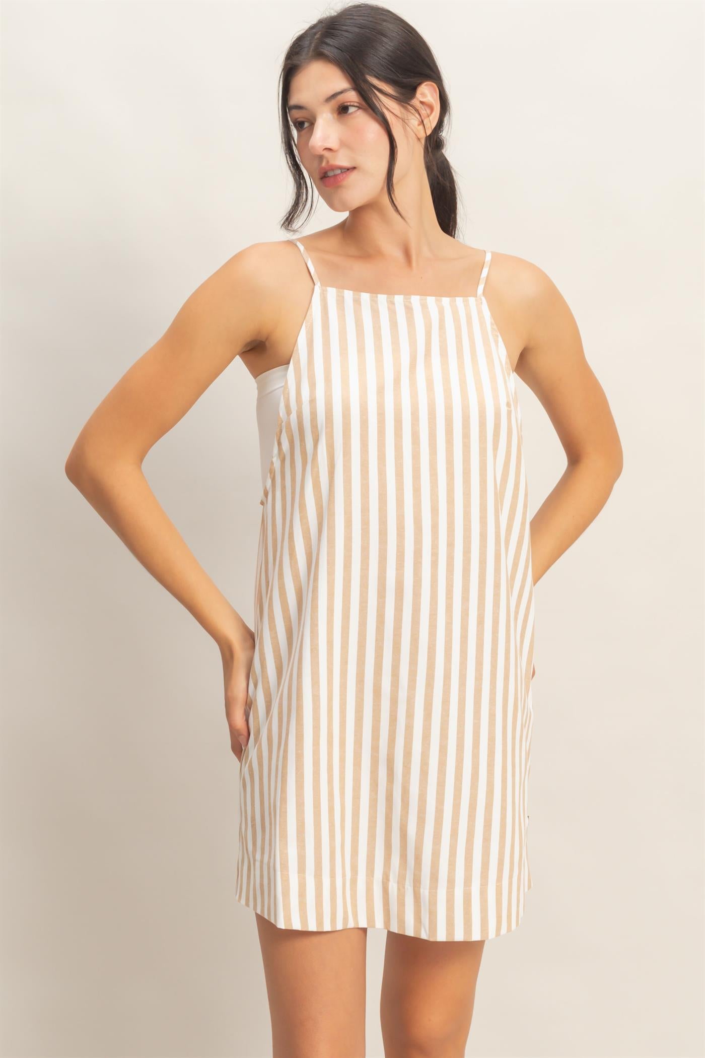 Wholesale Striped Straight Neck Mini Dress Dresses HF26C080 TAUPE HYFVE