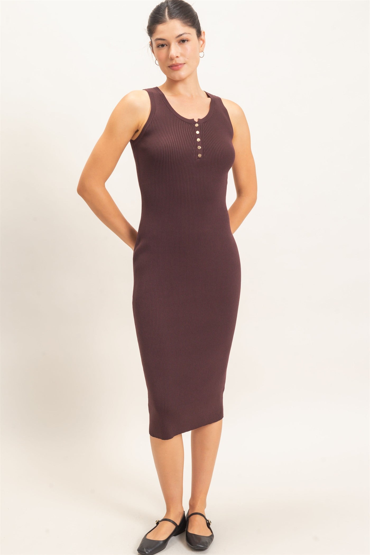 Wholesale Ribbed Button-Front Tank Dress Dresses HF26E218 BROWN HYFVE