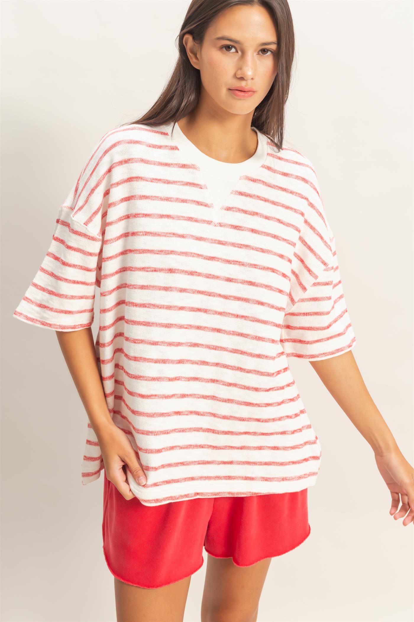 Wholesale Oversized Striped V-Stitch Short Sleeve Top Clothing Tops DZ26A455 RED DOUBLE ZERO