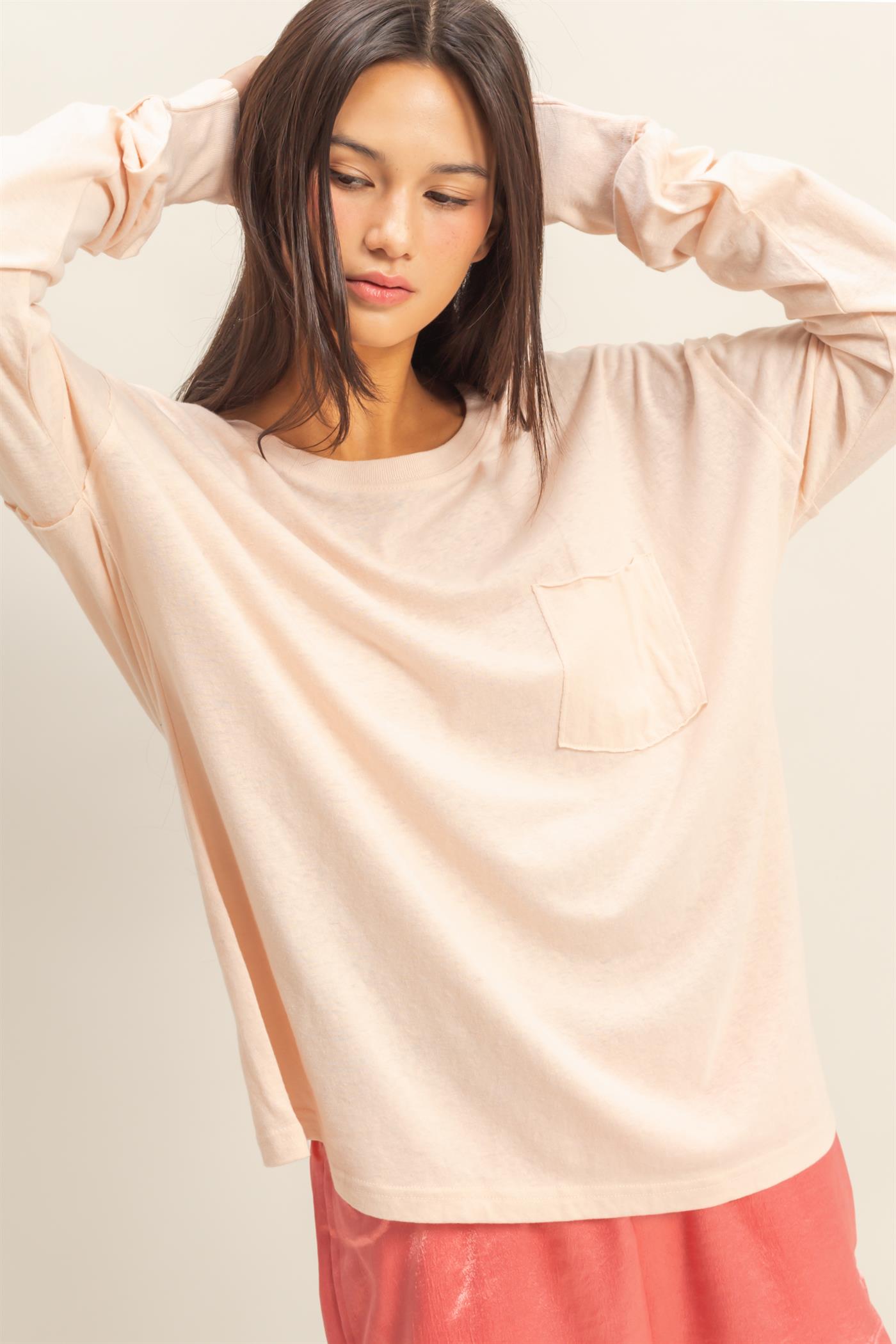 Wholesale Long Sleeve Pocket T-Shirt Clothing Tops DZ23G149 DUSTY PINK DOUBLE ZERO