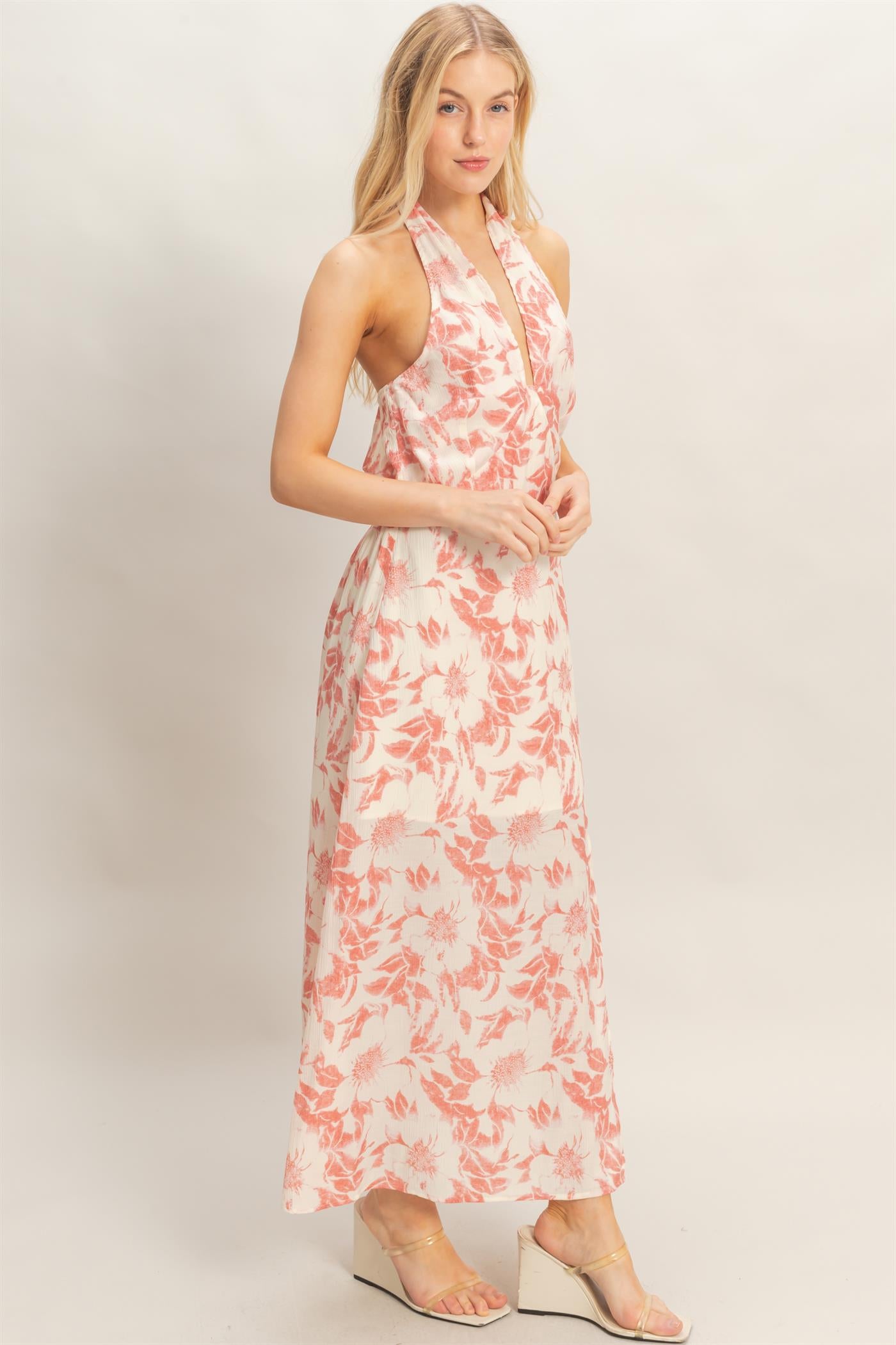 Wholesale Floral Halter Neck Dress Dresses HF26C752 CORAL HYFVE