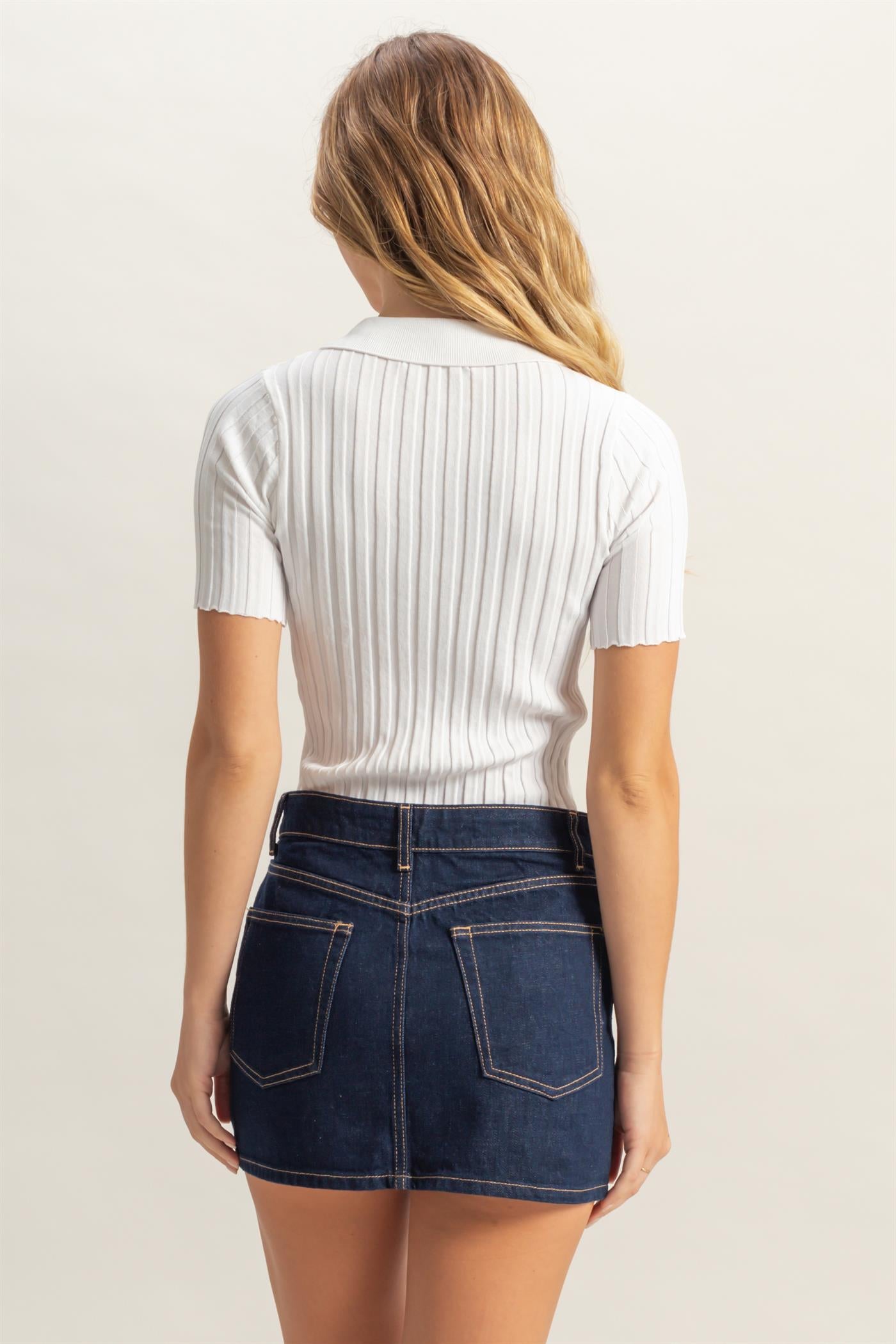 Wholesale Rib Knitted Short Sleeve Polo Top Clothing Tops DZ25C246 OFF WHITE DOUBLE ZERO