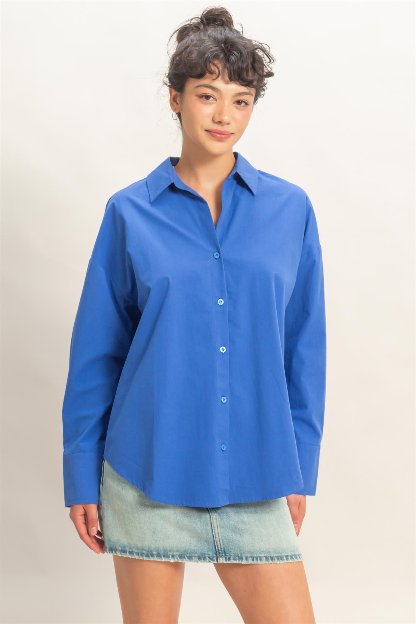 Wholesale Button Up Poplin Shirt Clothing Tops DZ26A330 COBALT HYFVE