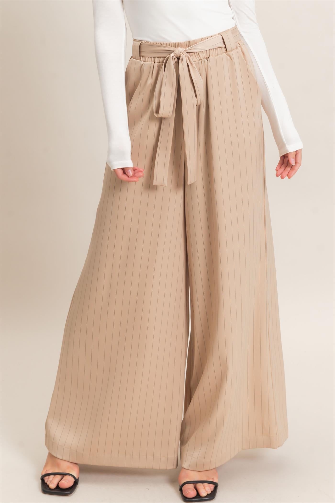 Wholesale Pinstripe Wide-Leg Pants Pants HF25F030 LIGHT TAUPE HYFVE