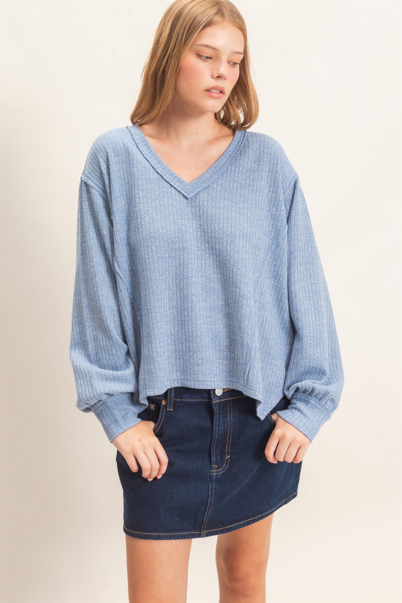 Wholesale Ribbed V-Neck Knit Top Shirts HF26F351 BLUE HYFVE