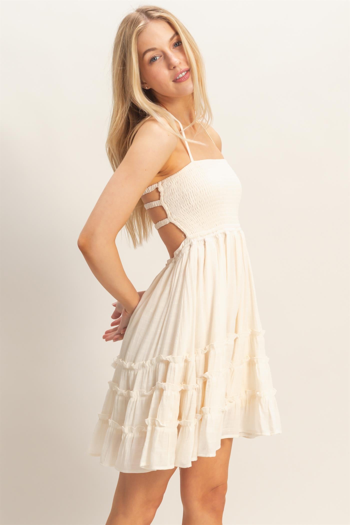 Wholesale Smocked Tiered Midi Dress Dresses HF26C299-D CREAM HYFVE