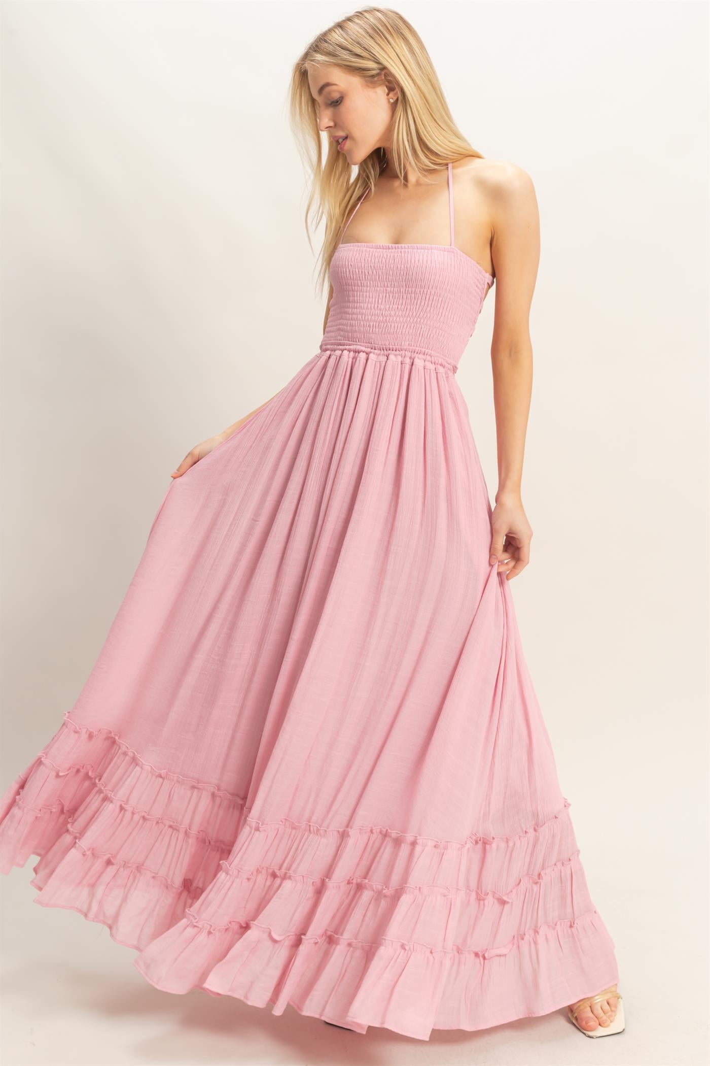 Wholesale Smocked Halter Maxi Dress Dresses HF26C290-D PINK HYFVE