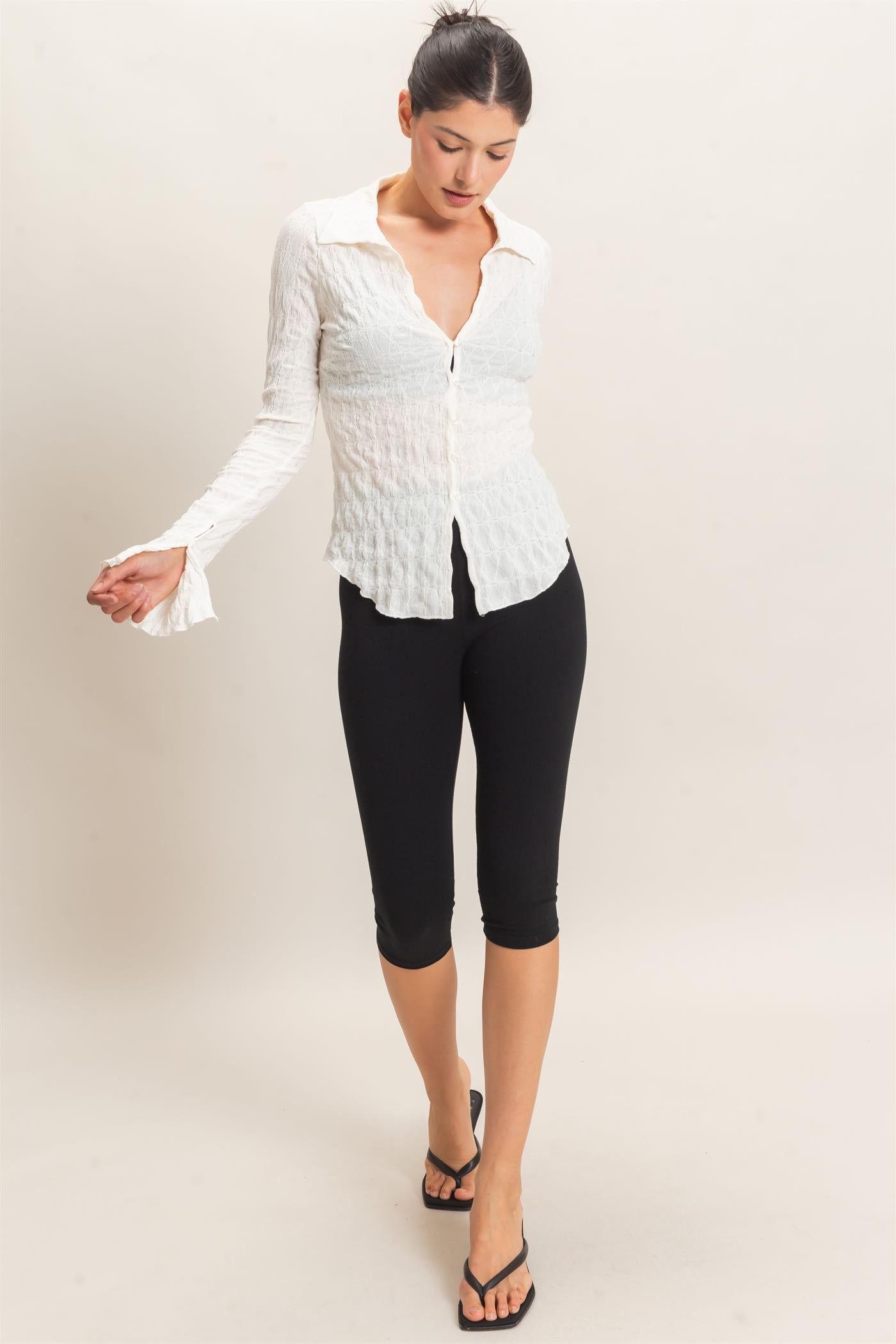 Wholesale Textured Button-Up Collared Top Shirts HF26E062 IVORY HYFVE