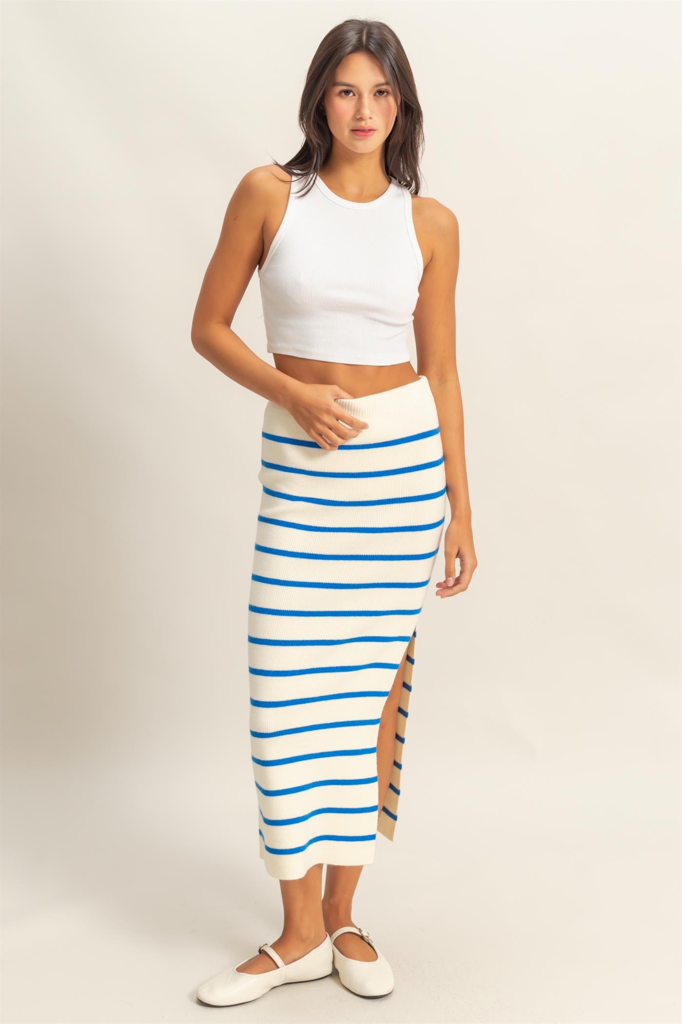 Wholesale Striped High Waist Bodycon Sweater Skirt Skirts DZ25A637 BLUE/CREAM DOUBLE ZERO
