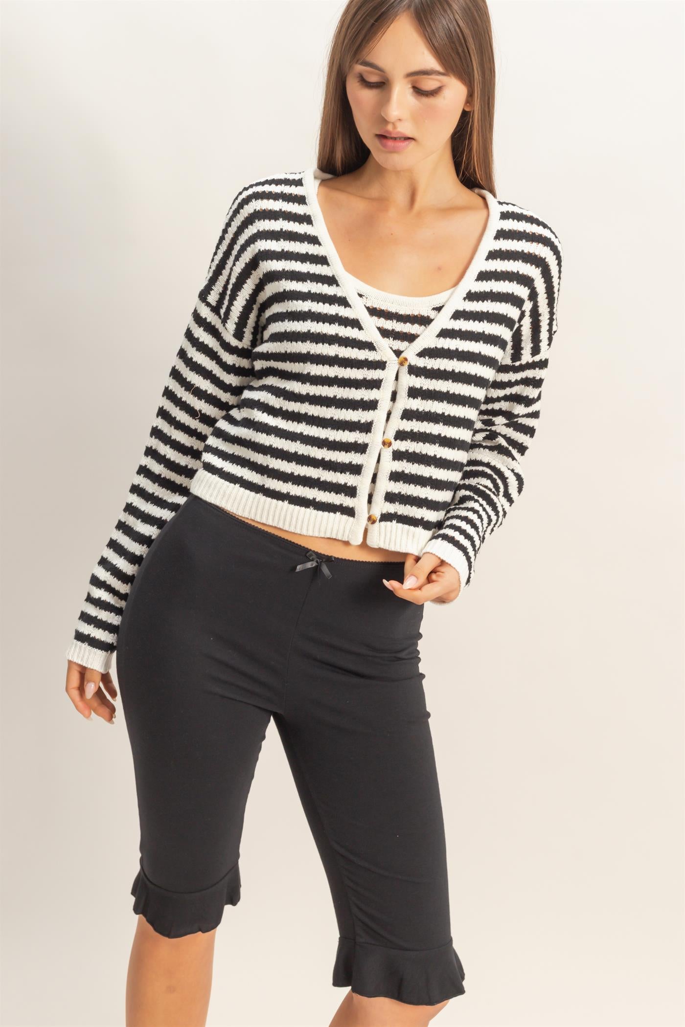 Wholesale Striped V-Neck Cardigan Cardigans HF26A174 BLACK HYFVE