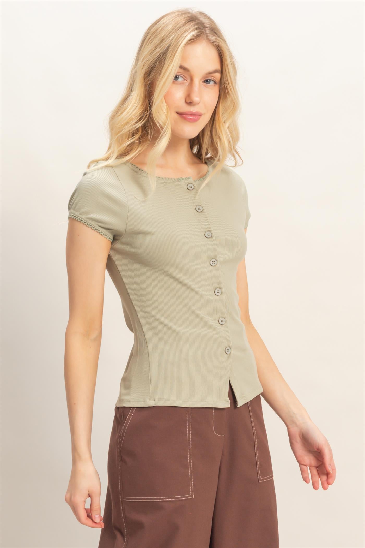 Wholesale Scalloped Button Front Top Clothing Tops HF26C607 SPRING OLIVE HYFVE