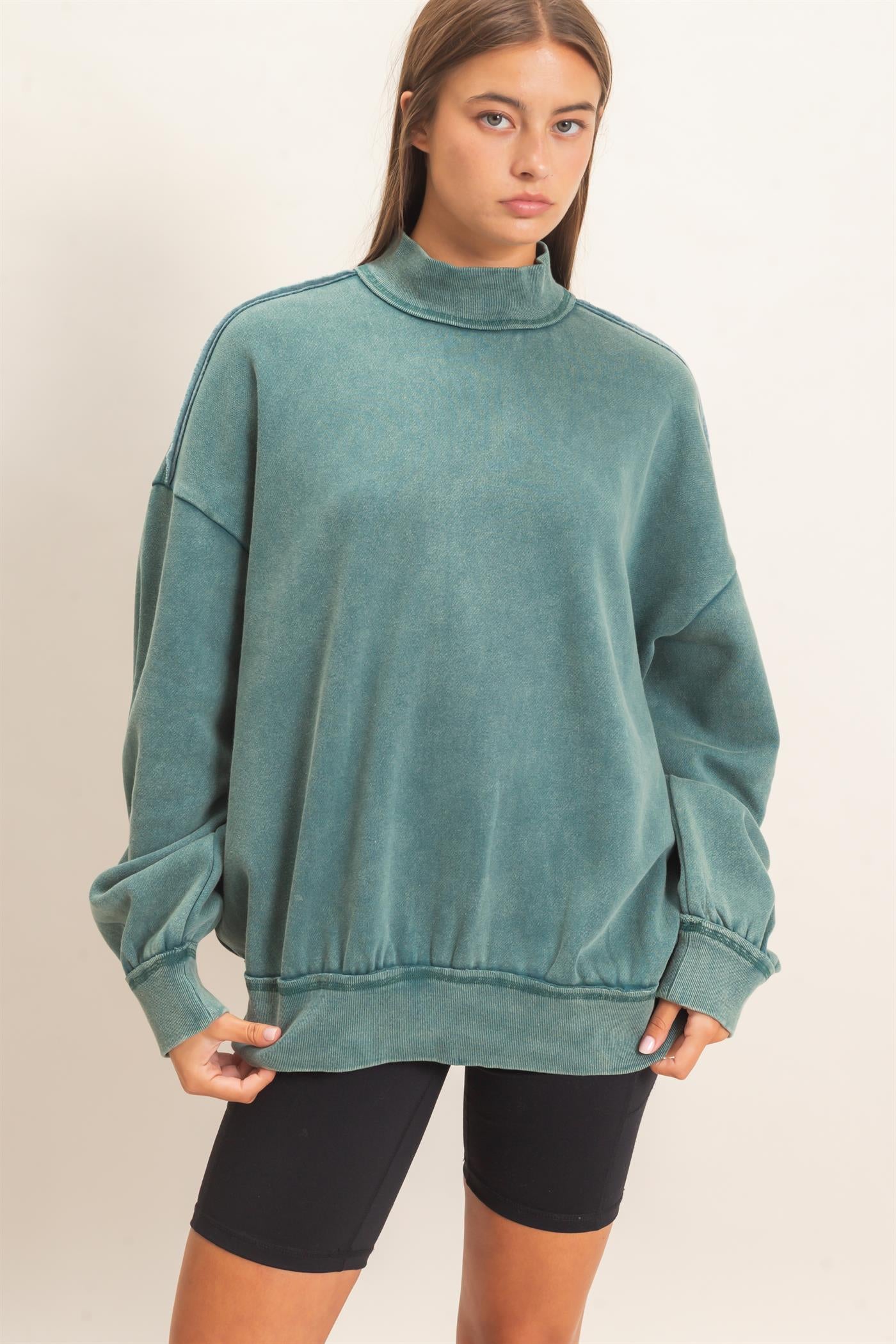 Wholesale Acid Washed Mock Neck Sweatshirt Sweatshirts DZ26E656 DARK TEAL DOUBLE ZERO