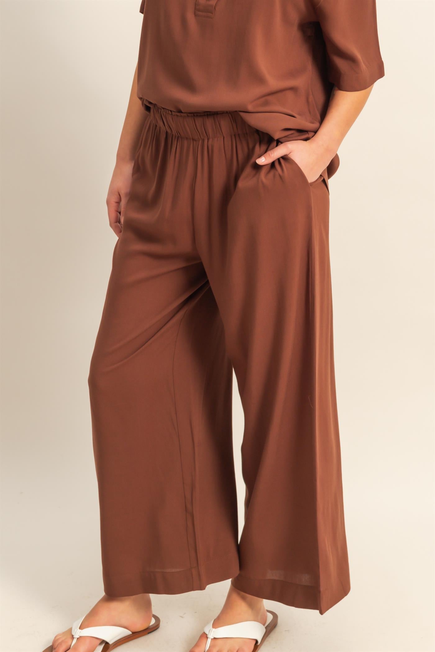 Wholesale High Waist Woven Wide Leg Pants Pants DZ25C192 CHESTNUT DOUBLE ZERO
