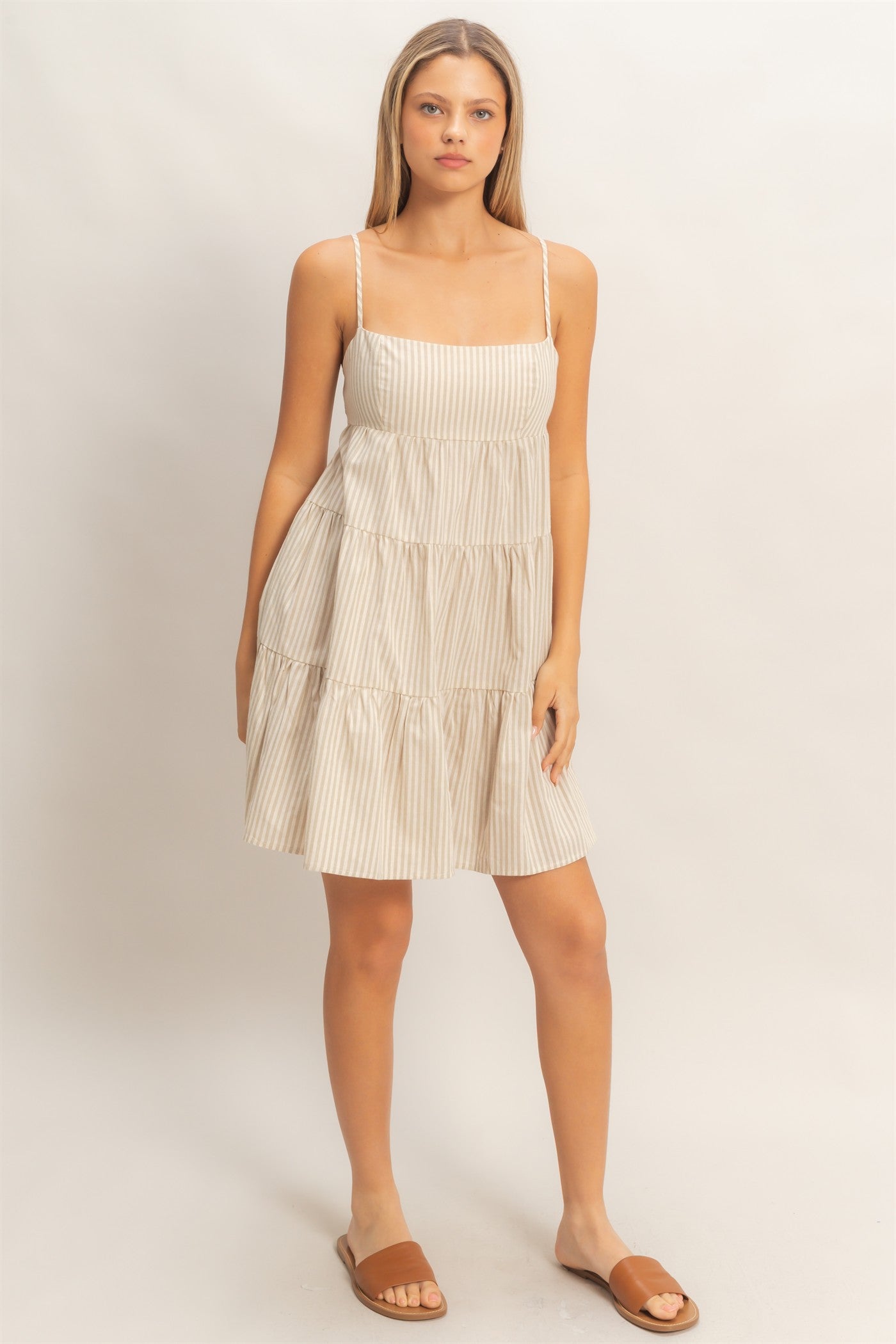 Wholesale Striped Sleeveless A-Line Dress Dresses HF26A247 L.TAUPE HYFVE