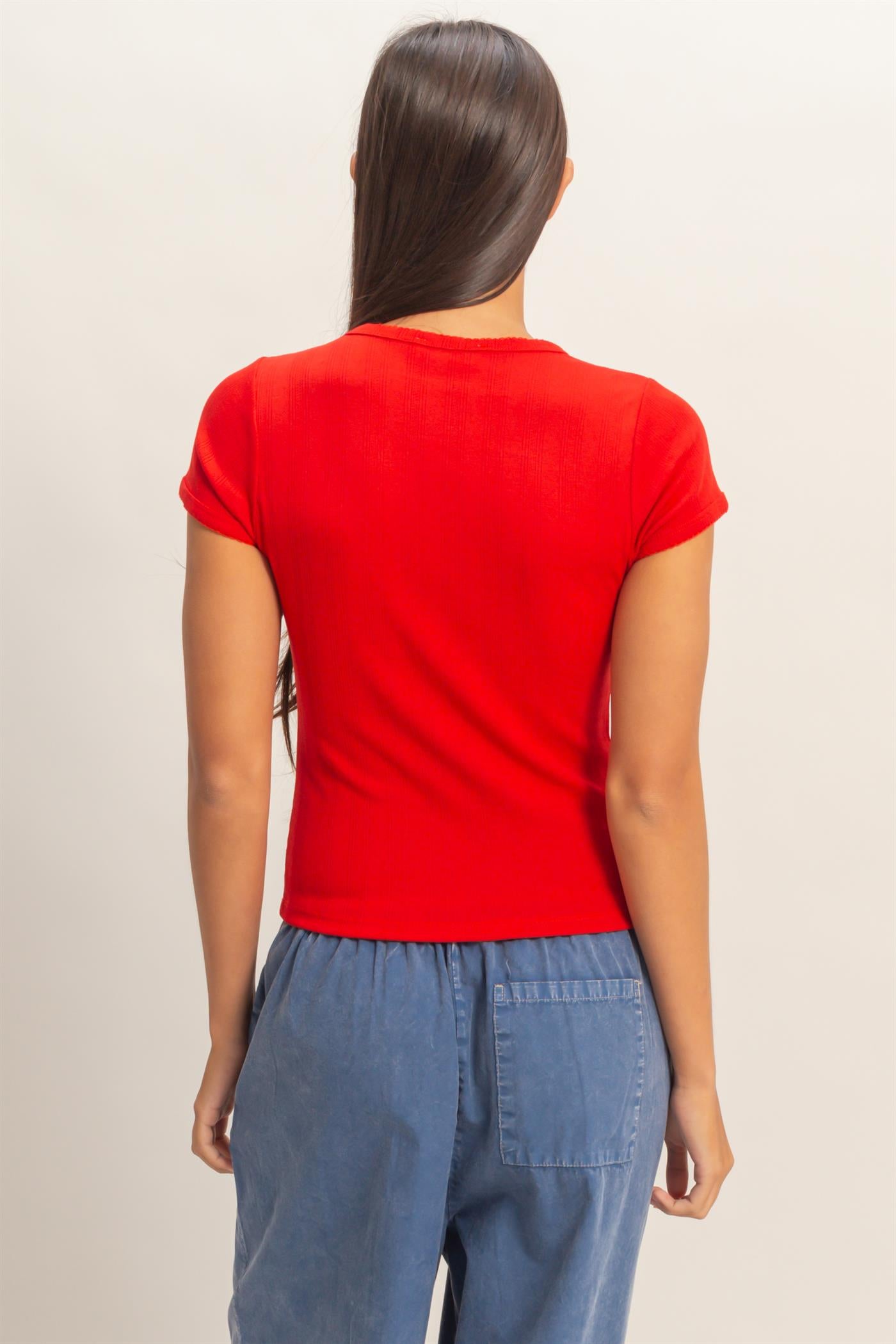 Wholesale Pointelle Short Sleeve Top Clothing Tops DZ26C285 RED DOUBLE ZERO