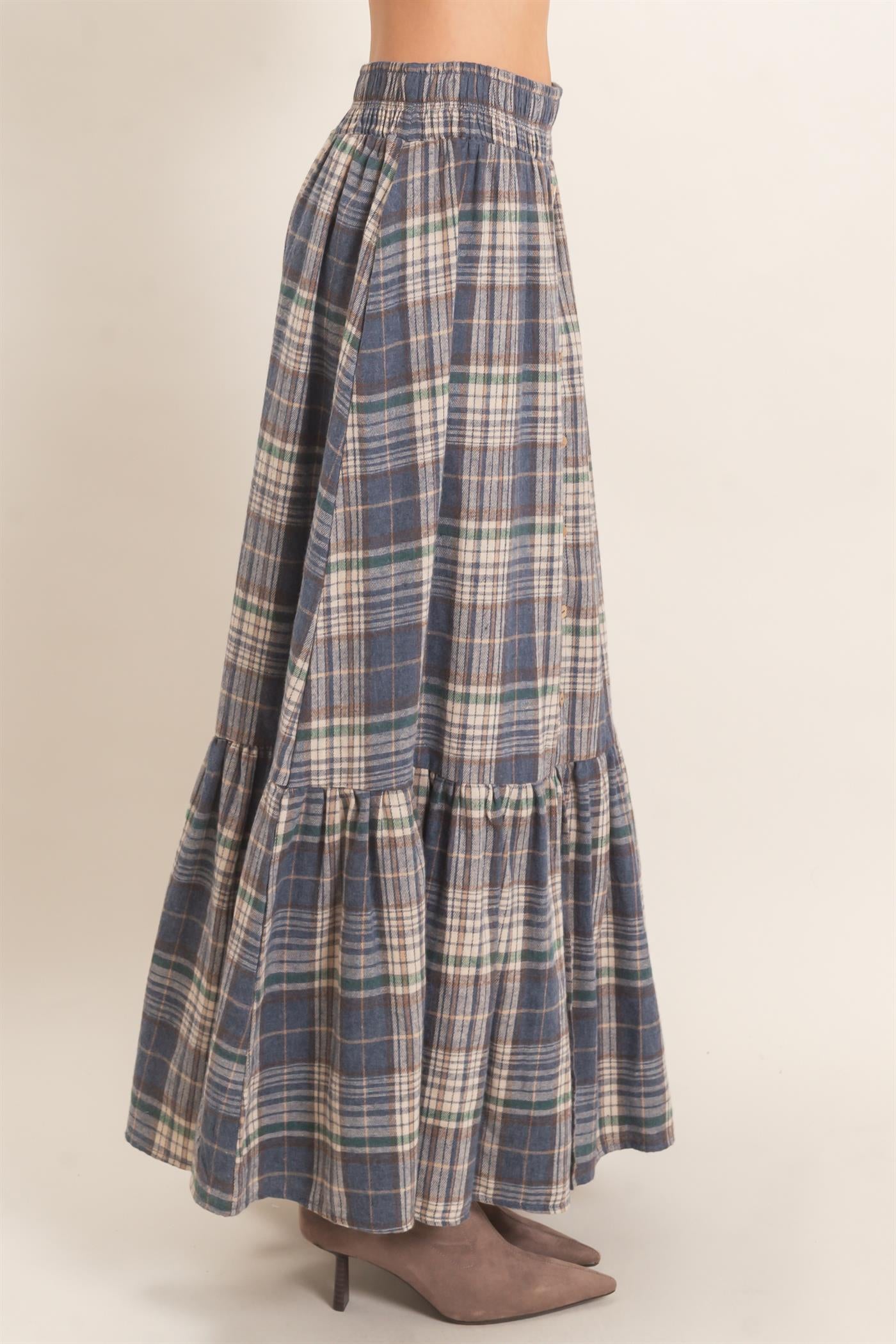 Wholesale Plaid Tiered Ruffle Skirt Skirts HF26E173 BLUE HYFVE