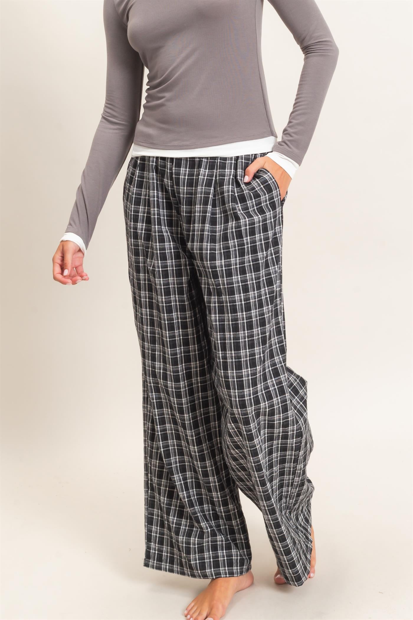 Wholesale Elastic Waist Plaid Pants Pants DZ26E375 BLACK DOUBLE ZERO