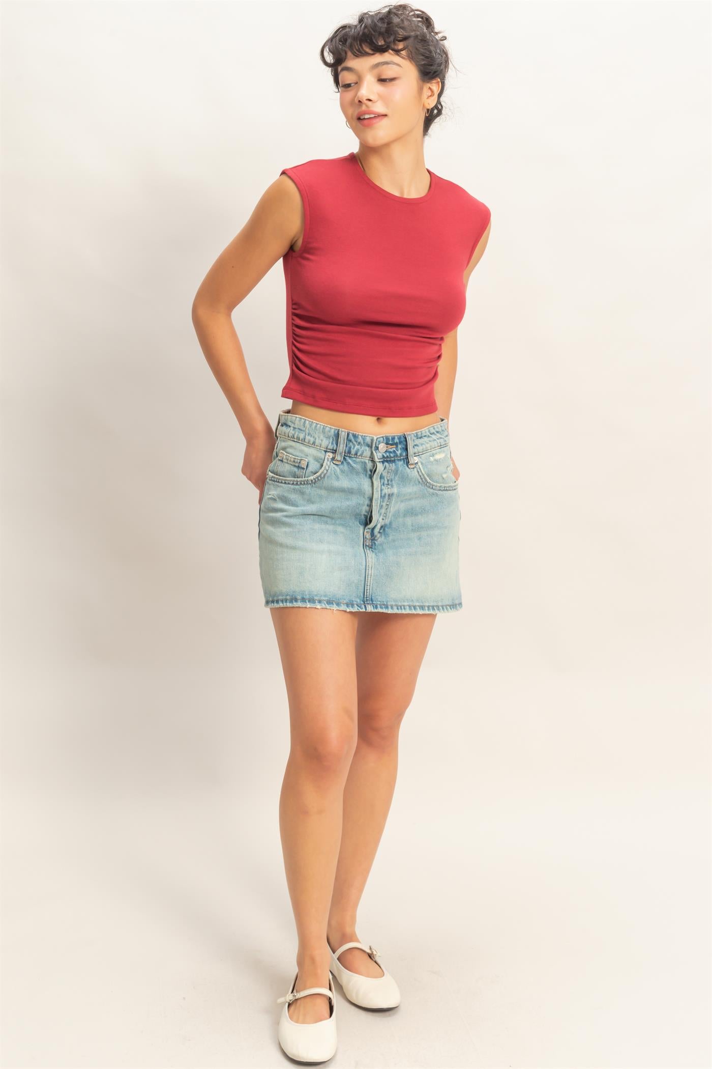 Wholesale Ruched Waist Cap Sleeve Top Clothing Tops DZ26A889 DARK RED DOUBLE ZERO