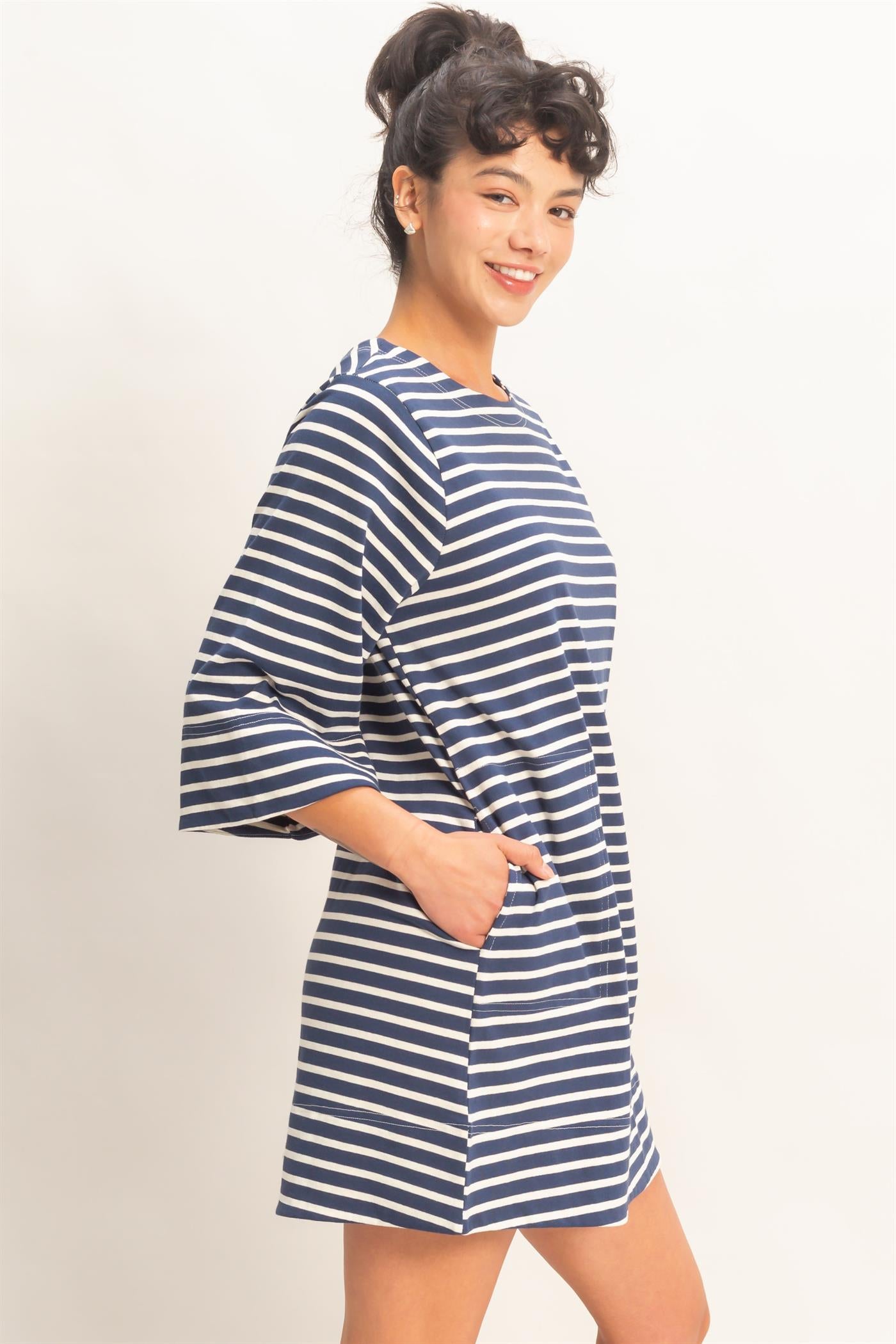 Wholesale Striped Round Neck Half-Sleeve Mini Dress Dresses DZ26A460 NAVY DOUBLE ZERO