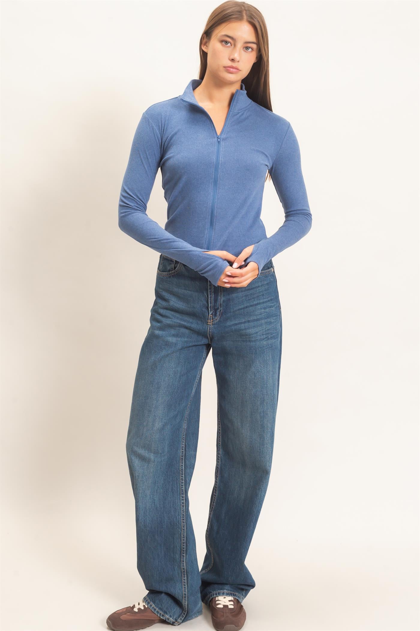 Wholesale Mock Neck Long Sleeve Zip Up Top Clothing Tops DZ26E911 NAVY DOUBLE ZERO