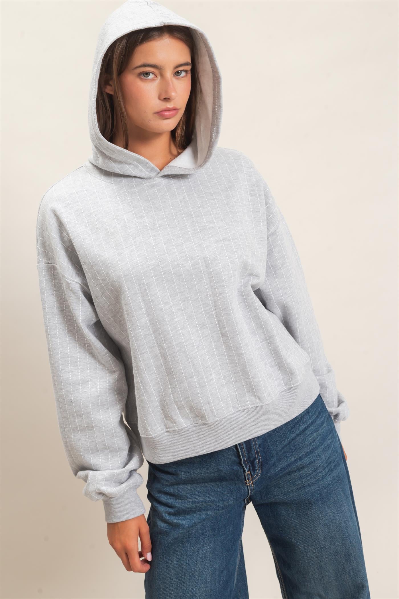 Wholesale Pinstripe French Terry Hoodie Hoodies DZ26E625 HEATHER GRAY DOUBLE ZERO