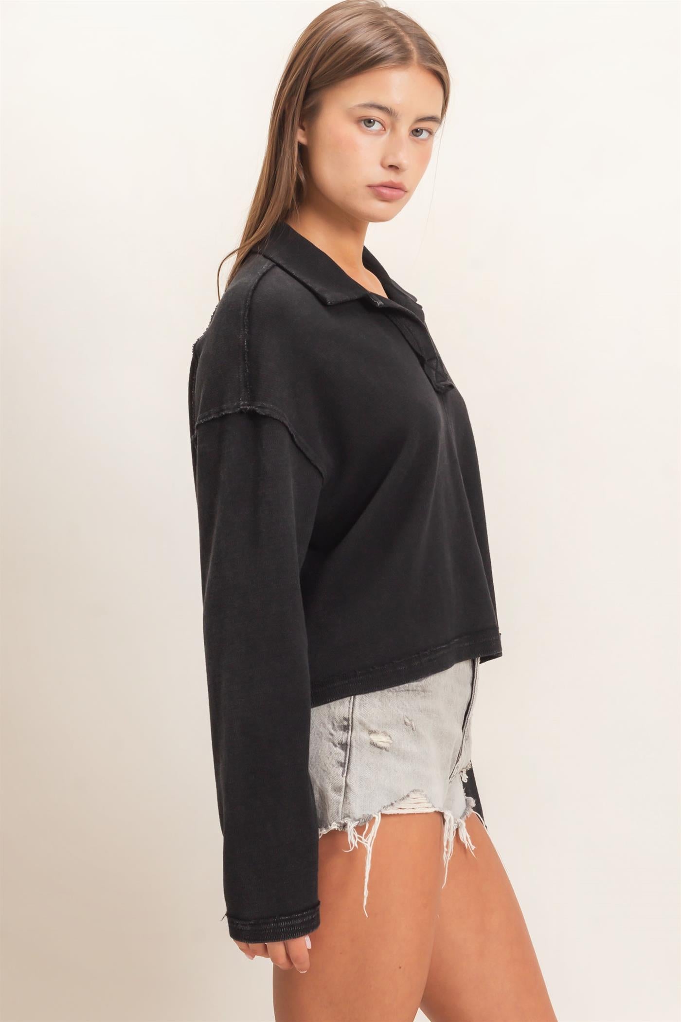Wholesale Mineral Wash Textured Collar Top Polos DZ26E814 BLACK DOUBLE ZERO
