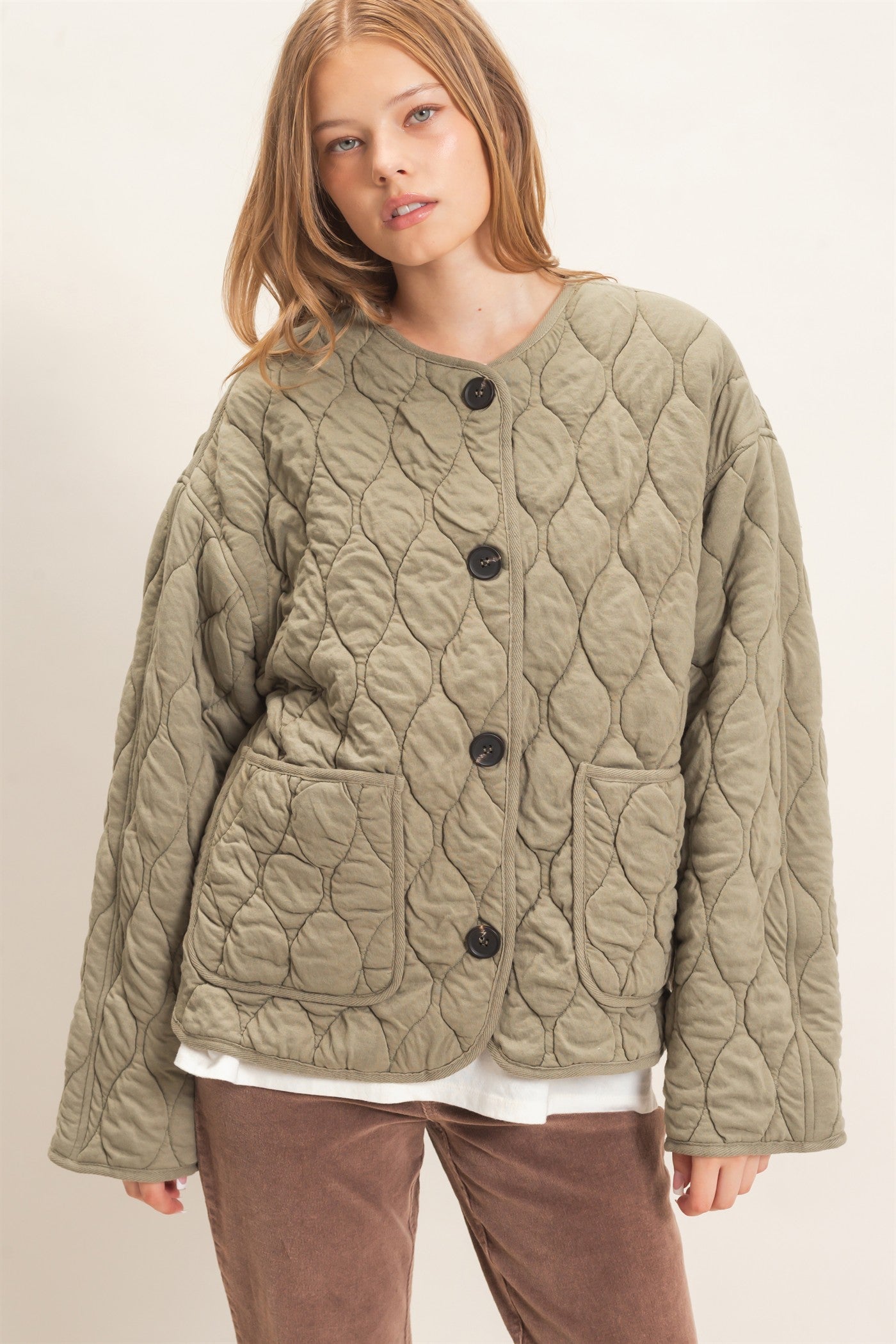 Wholesale Diamond Quilted Jacket Coats & Jackets HF26E370 OLIVE HYFVE