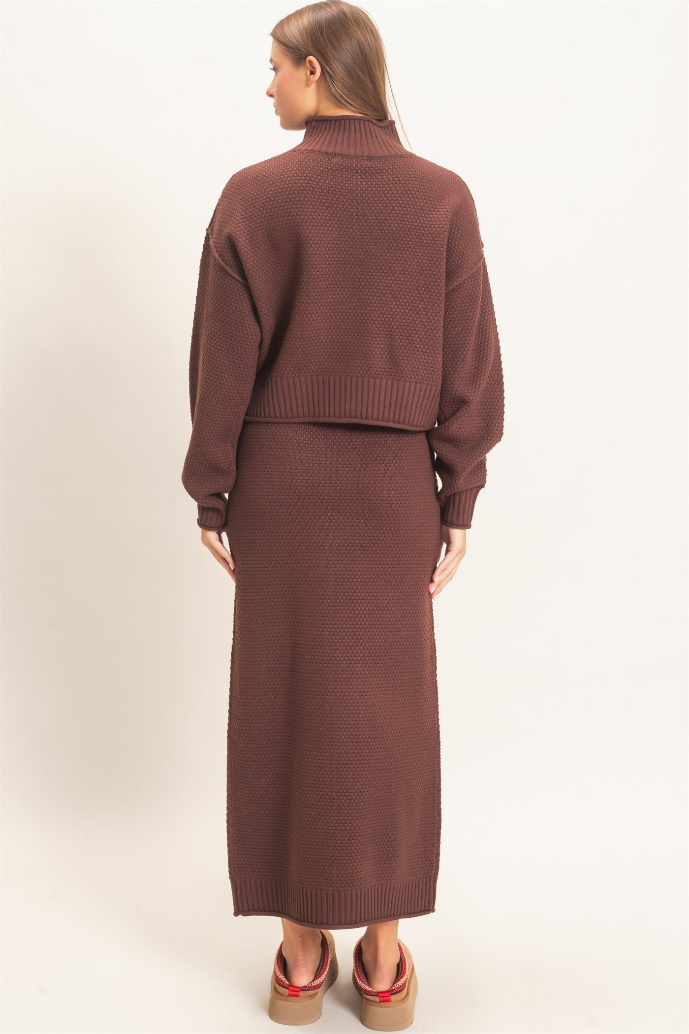 Wholesale High Neck Long Sleeve Top & Maxi Skirt Set Clothing DZ26E272-SET DARK BROWN DOUBLE ZERO
