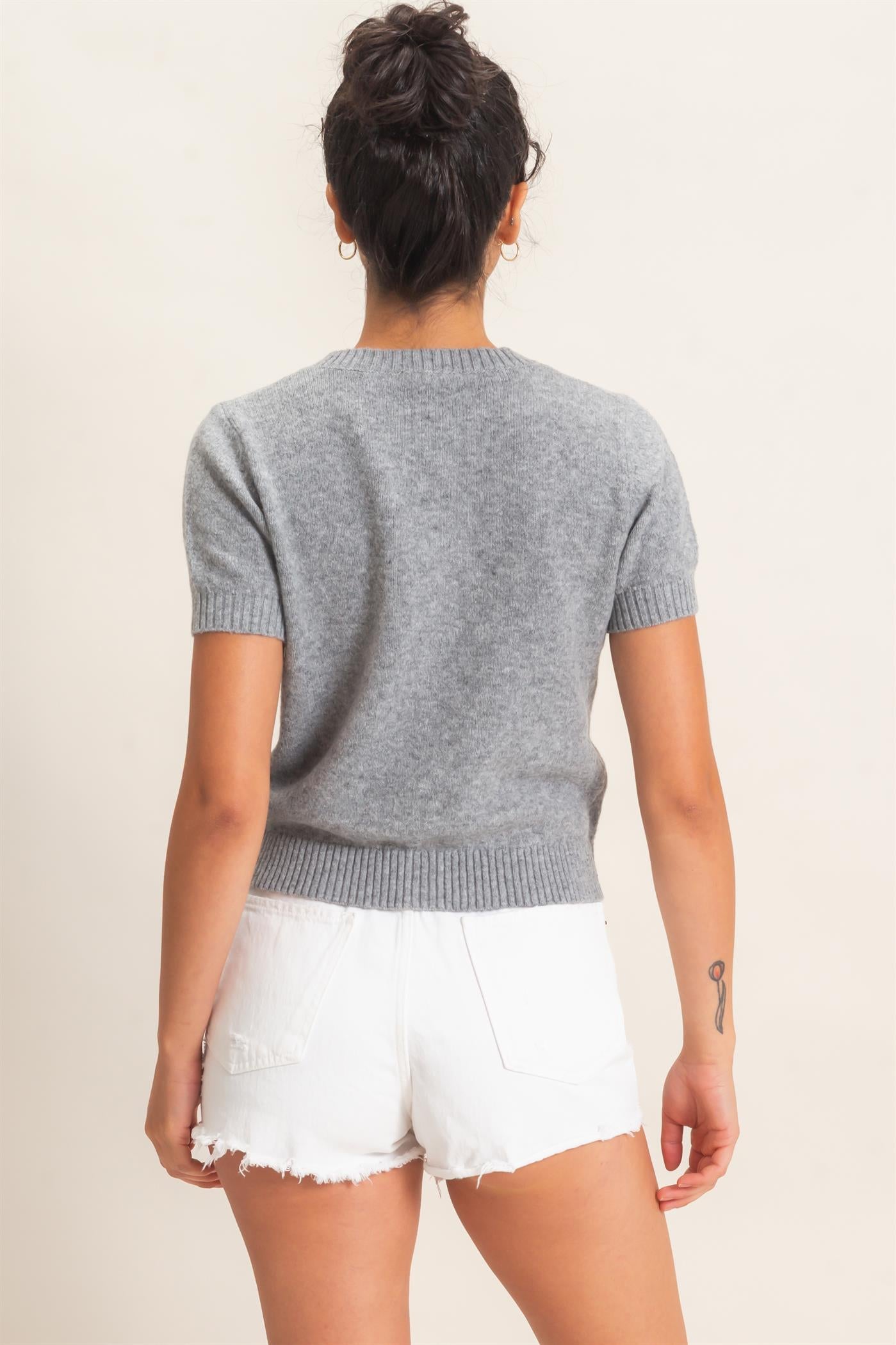 Wholesale Crew Neck Short Sleeve Cardigan Cardigans DZ26E108 HEATHER GRAY DOUBLE ZERO