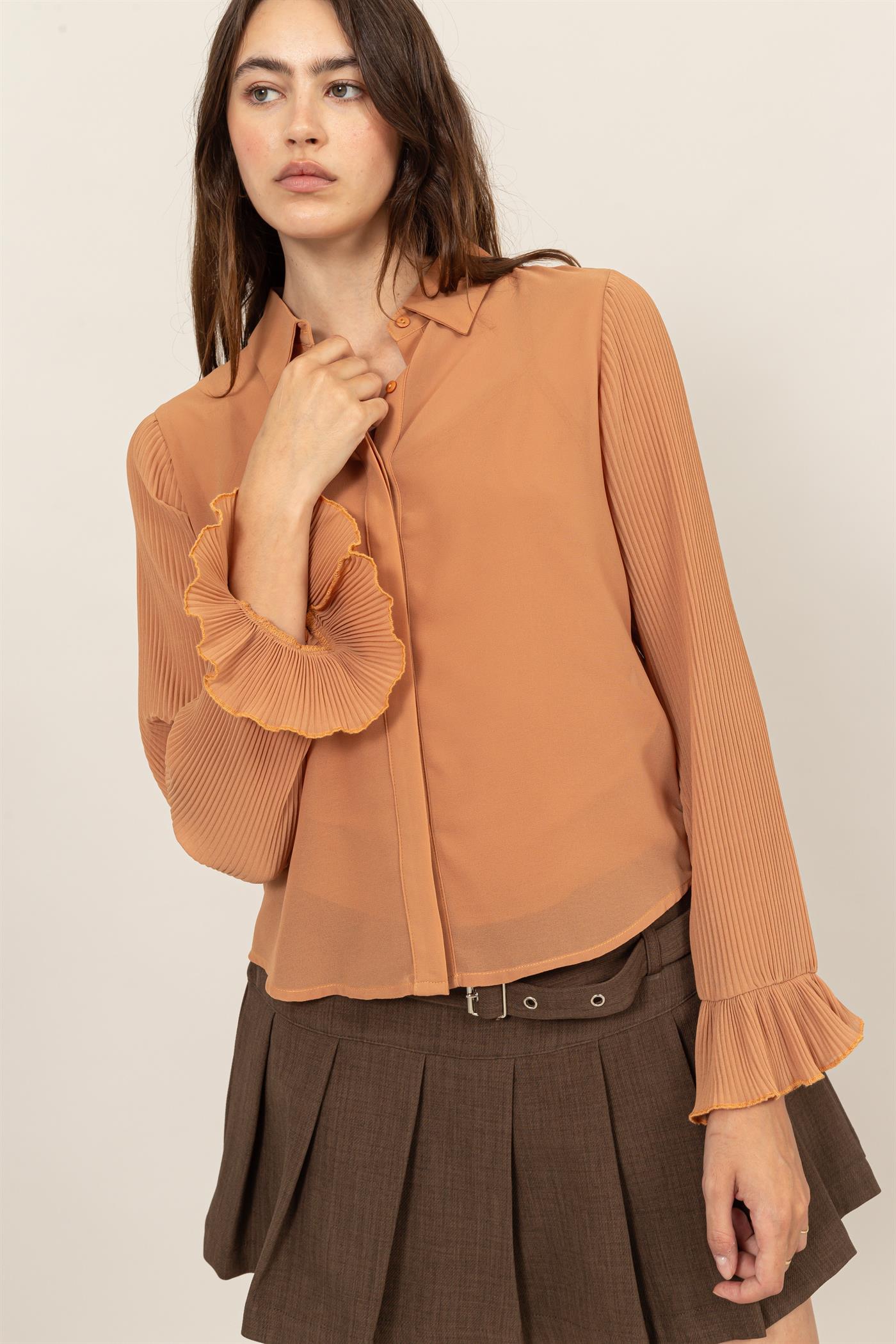 Wholesale Bell Sleeve Blouse With Inside Lining Clothing Tops HF25A769 ALMOND HYFVE