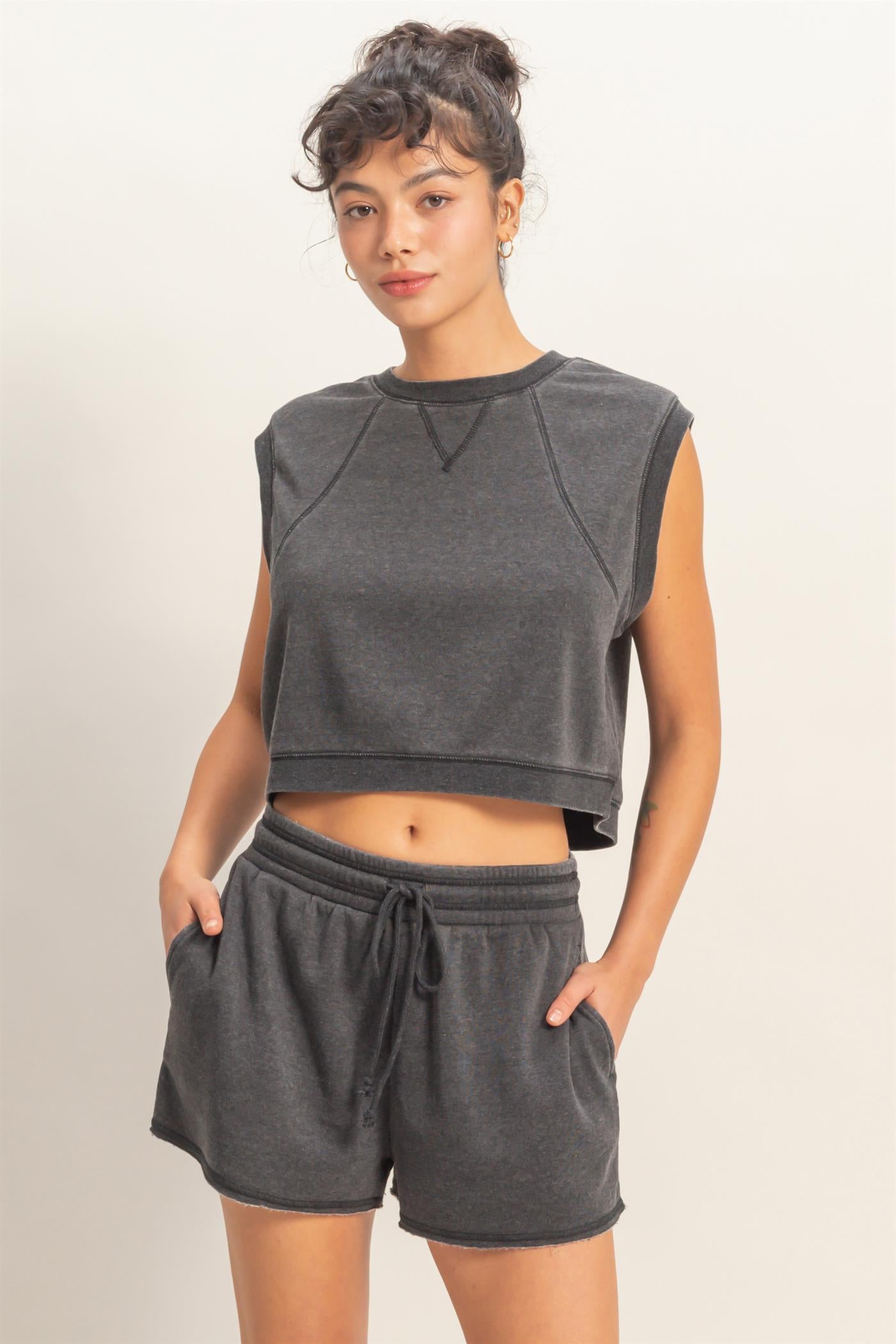 Wholesale Burnout French Terry Sleeveless Top & Shorts Set Clothing Tops DZ26A171-SET BLACK DOUBLE ZERO