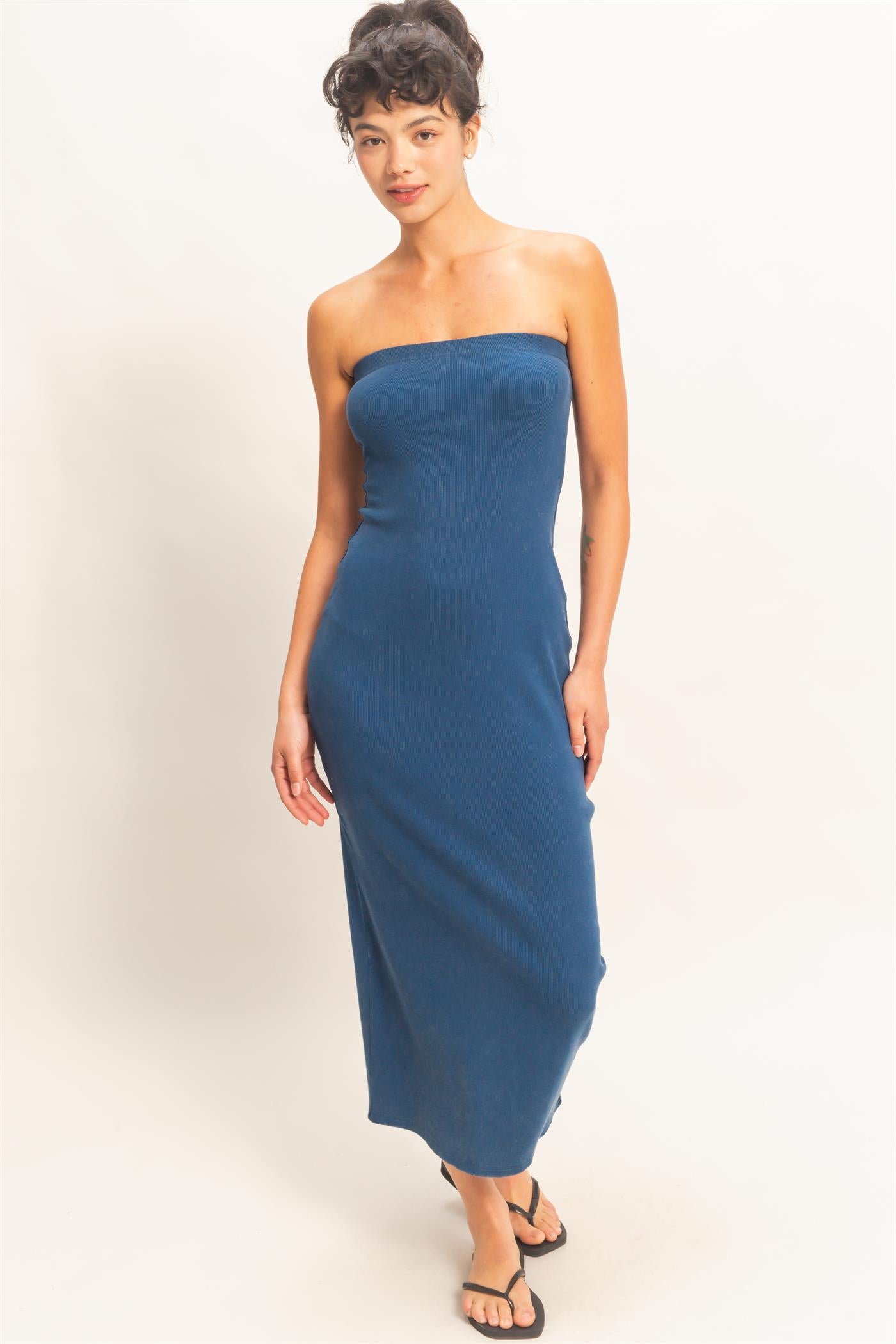 Wholesale Acid Washed Ribbed Midi Tube Dress Dresses DZ26C620 NAVY DOUBLE ZERO