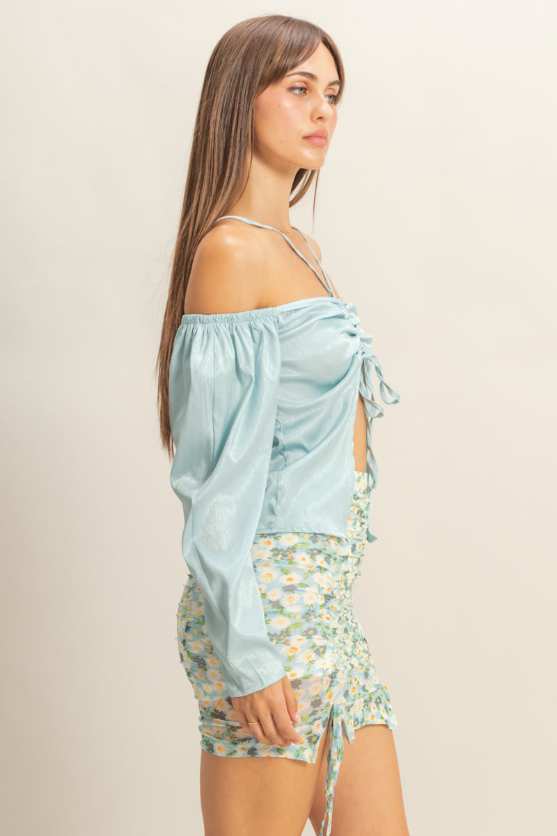 Wholesale Tie-Front Off-Shoulder Blouse Clothing Tops FS22E859 BLUE HYFVE