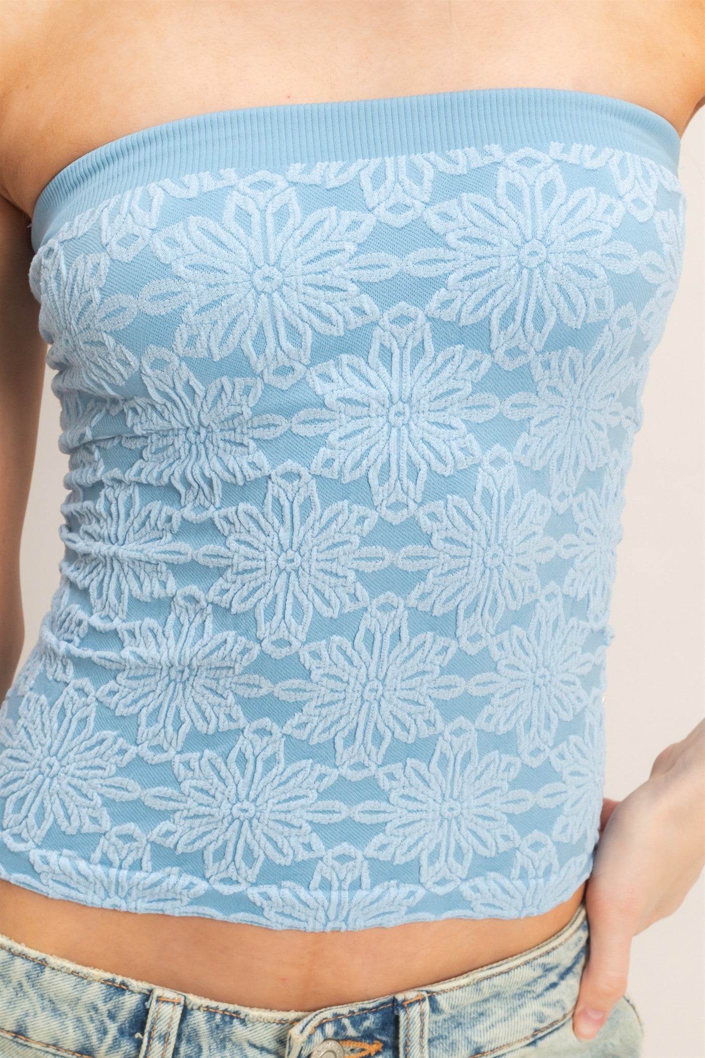 Wholesale Strapless Jacquard Top Clothing Tops HF26E219 BLUE HYFVE