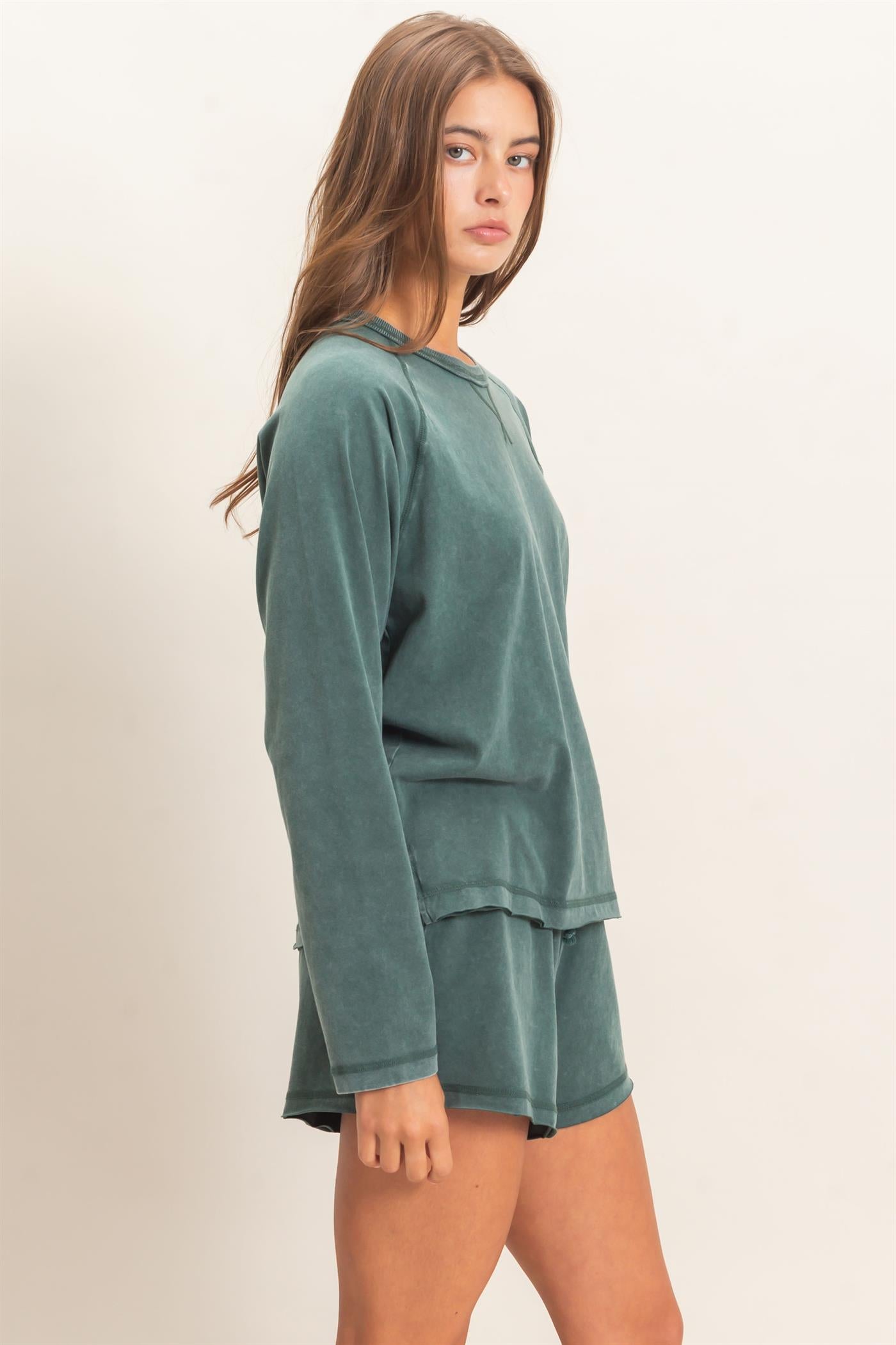 Wholesale Mineral Wash Long Sleeve Raw Edge Top & Shorts Set Clothing DZ26F403-SET DARK GREEN DOUBLE ZERO