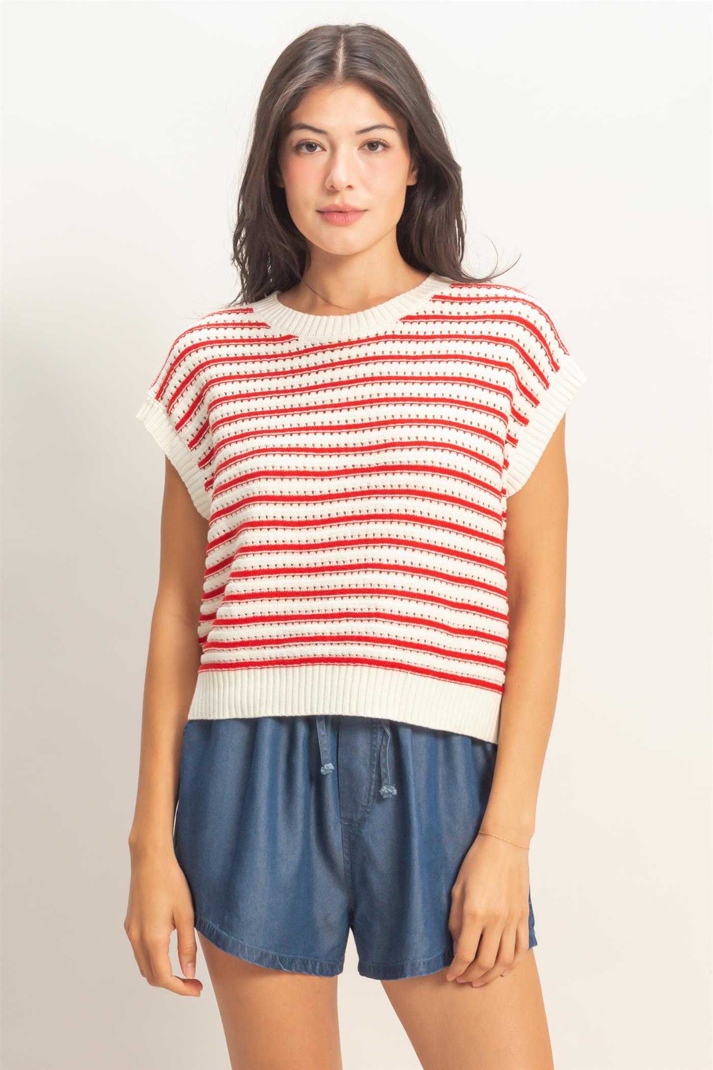 Wholesale Striped Sleeveless Crew Neck Top Sweaters DZ26A222 RED DOUBLE ZERO