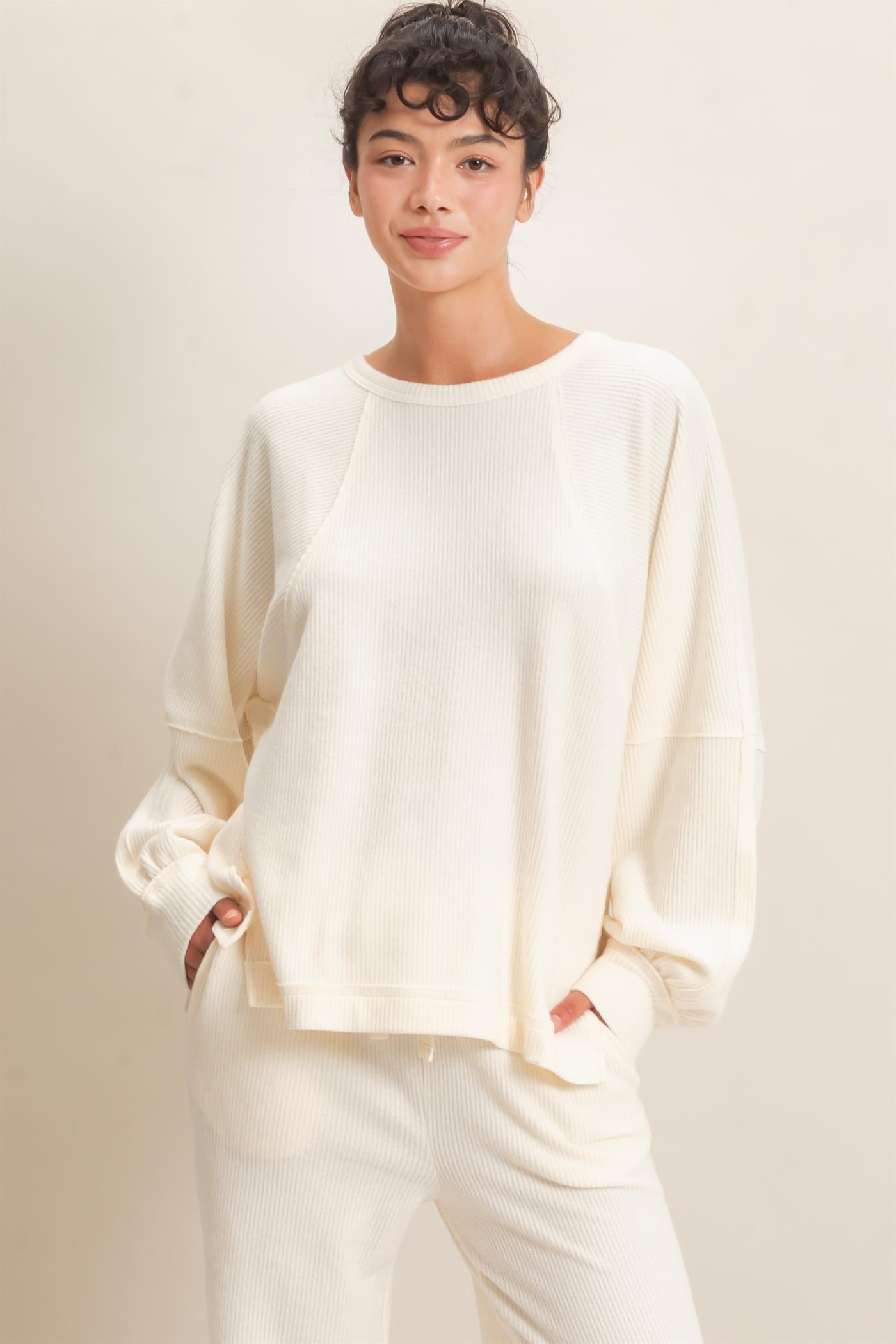 Wholesale Brushed Waffle Long Sleeve Top Clothing Tops DZ26F312 CREAM DOUBLE ZERO