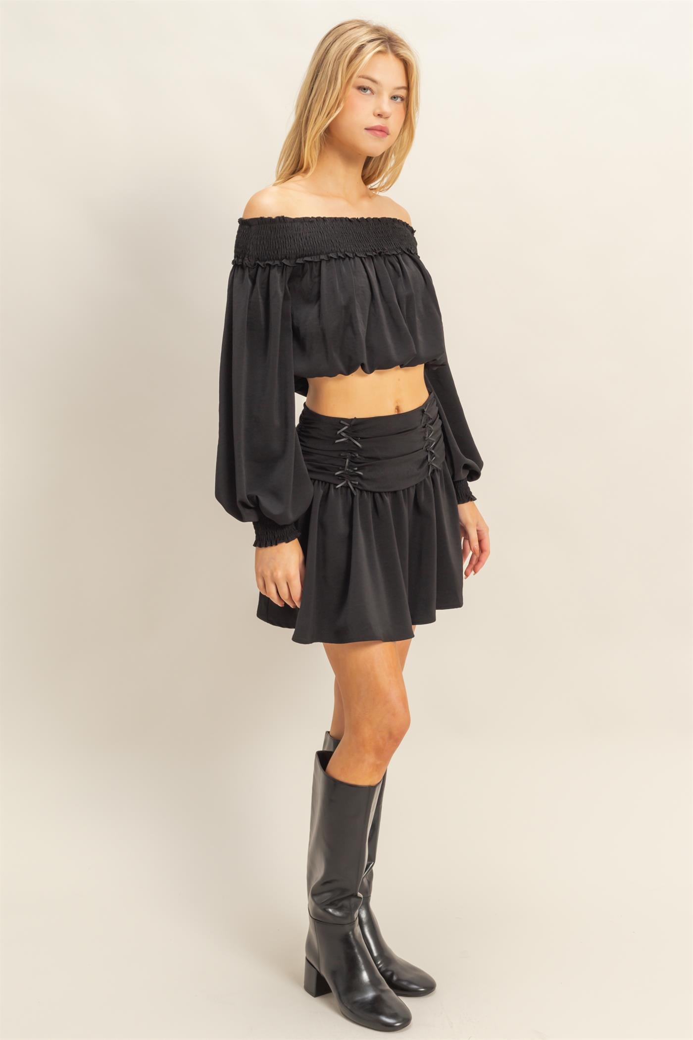 Wholesale Romantic Off Shoulder Top And Gathered Skirt Set Clothing HF25A243-SET BLACK HYFVE