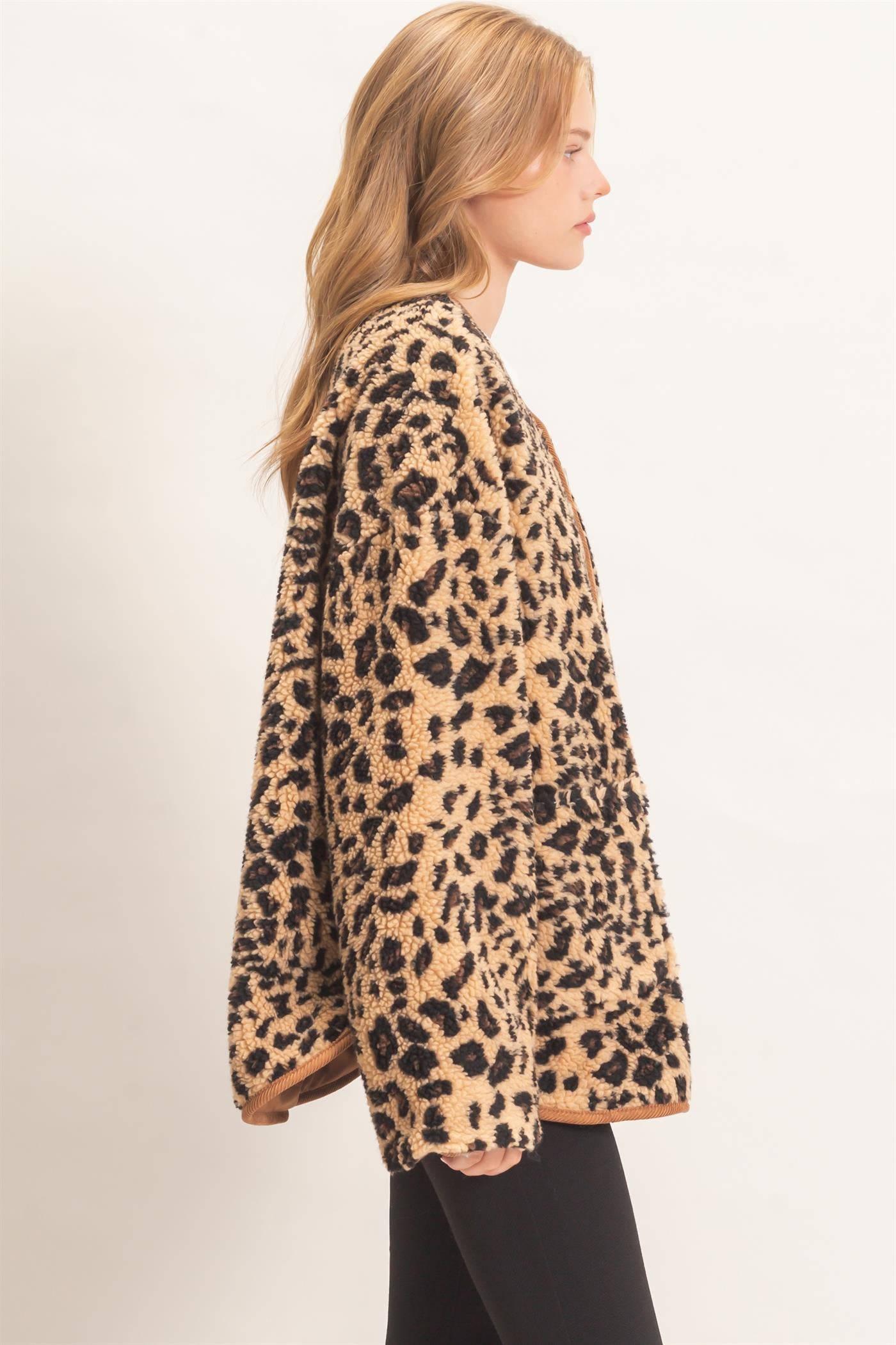 Wholesale Leopard Faux Fur Jacket With Contrast Trim Coats & Jackets HF26F162 TAUPE COMBO HYFVE