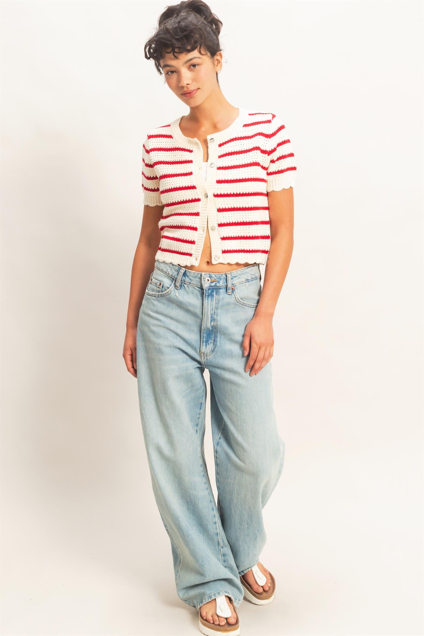 Wholesale Striped Short Sleeve Cardigan With Scallop Edge Cardigans DZ26A605 RED DOUBLE ZERO