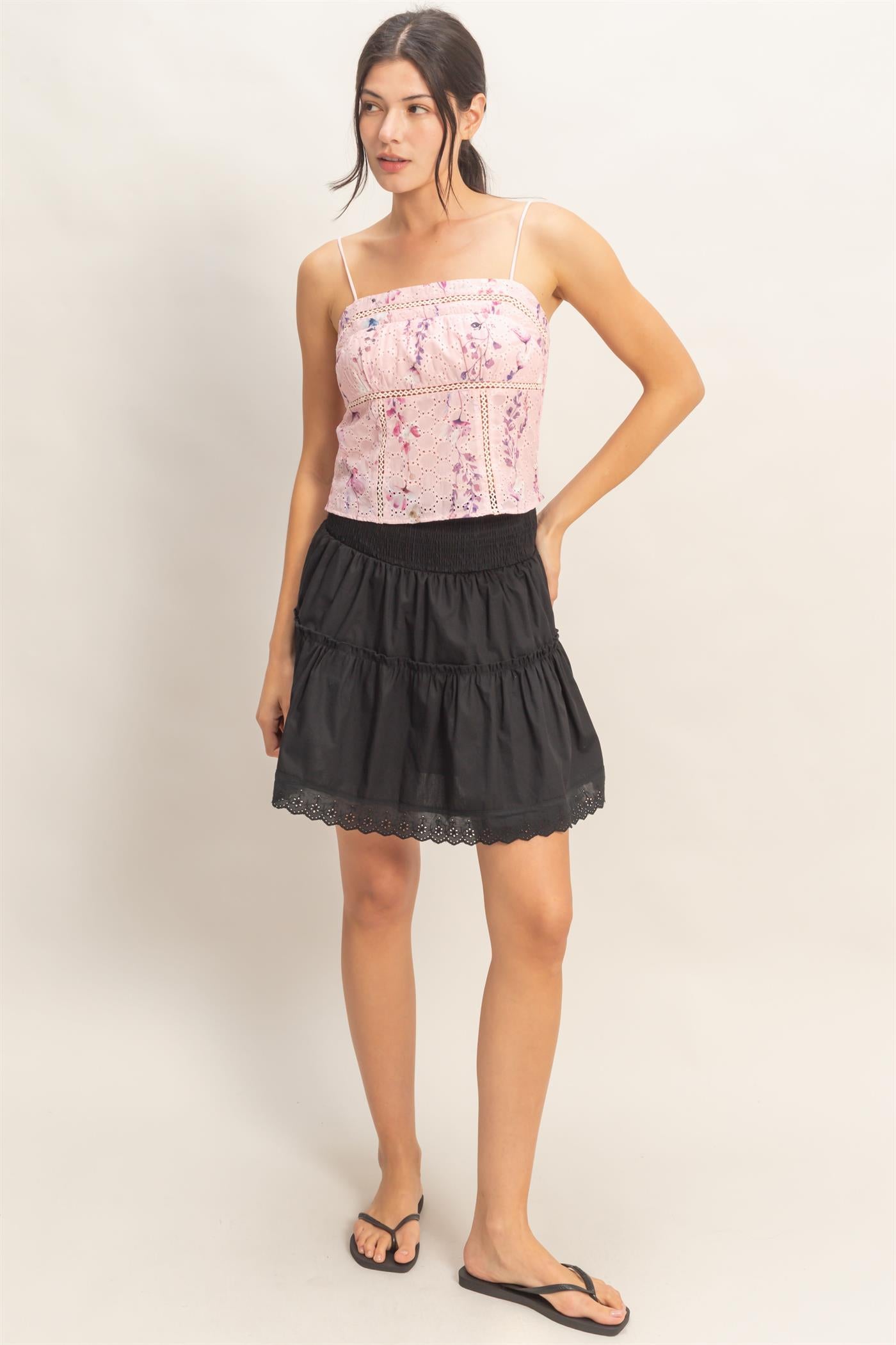 Wholesale Smocked Waist Layered Skirt Skirts HF26A781 BLACK HYFVE