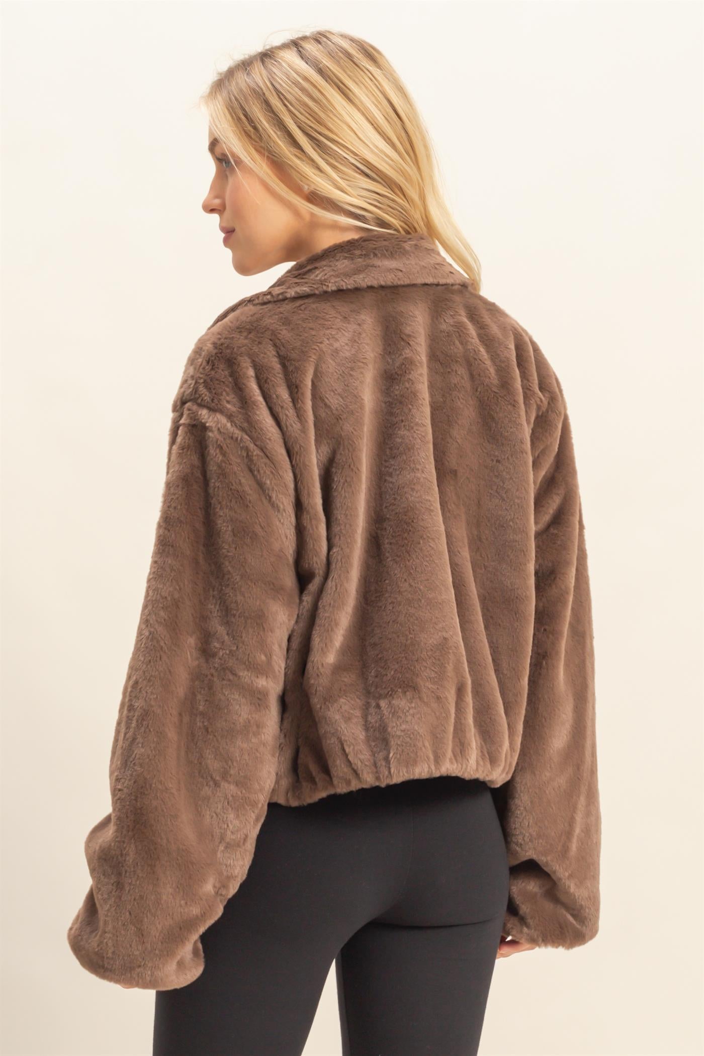 Wholesale Faux Fur Zip Up Jacket With Plush Collar Coats & Jackets HF25E940 BROWN HYFVE